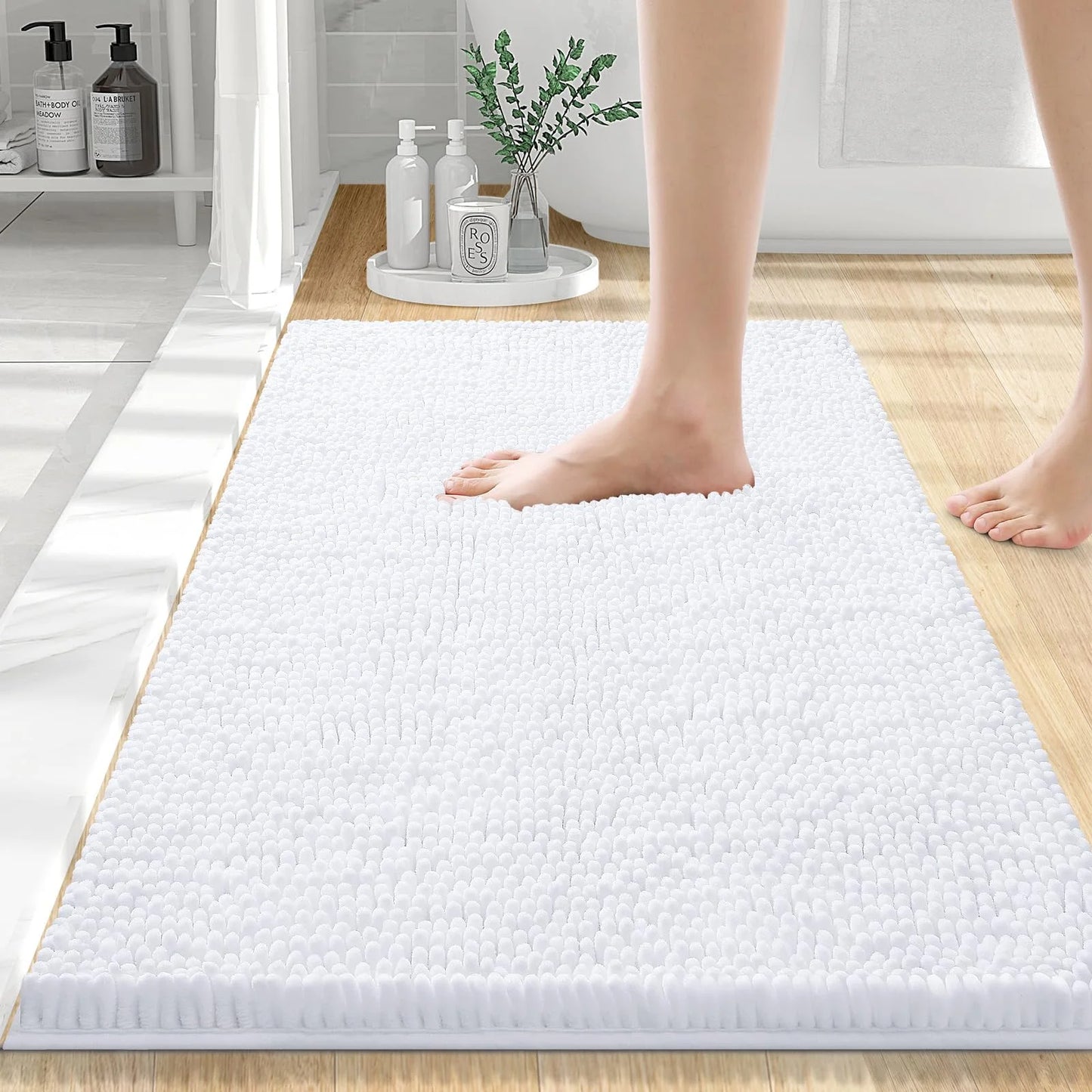 Luxury Chenille Bathroom Rugs, Extra Soft and Absorbent Bath Mat, White, 16"X24"