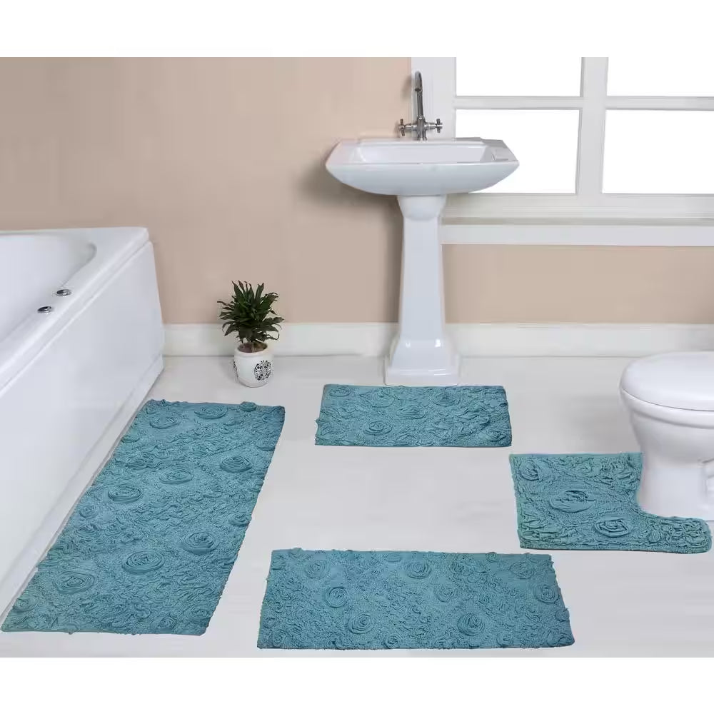 Modesto Bath Rug 100% Cotton Bath Rugs Set, 4-Pcs Set with Runner, Blue
