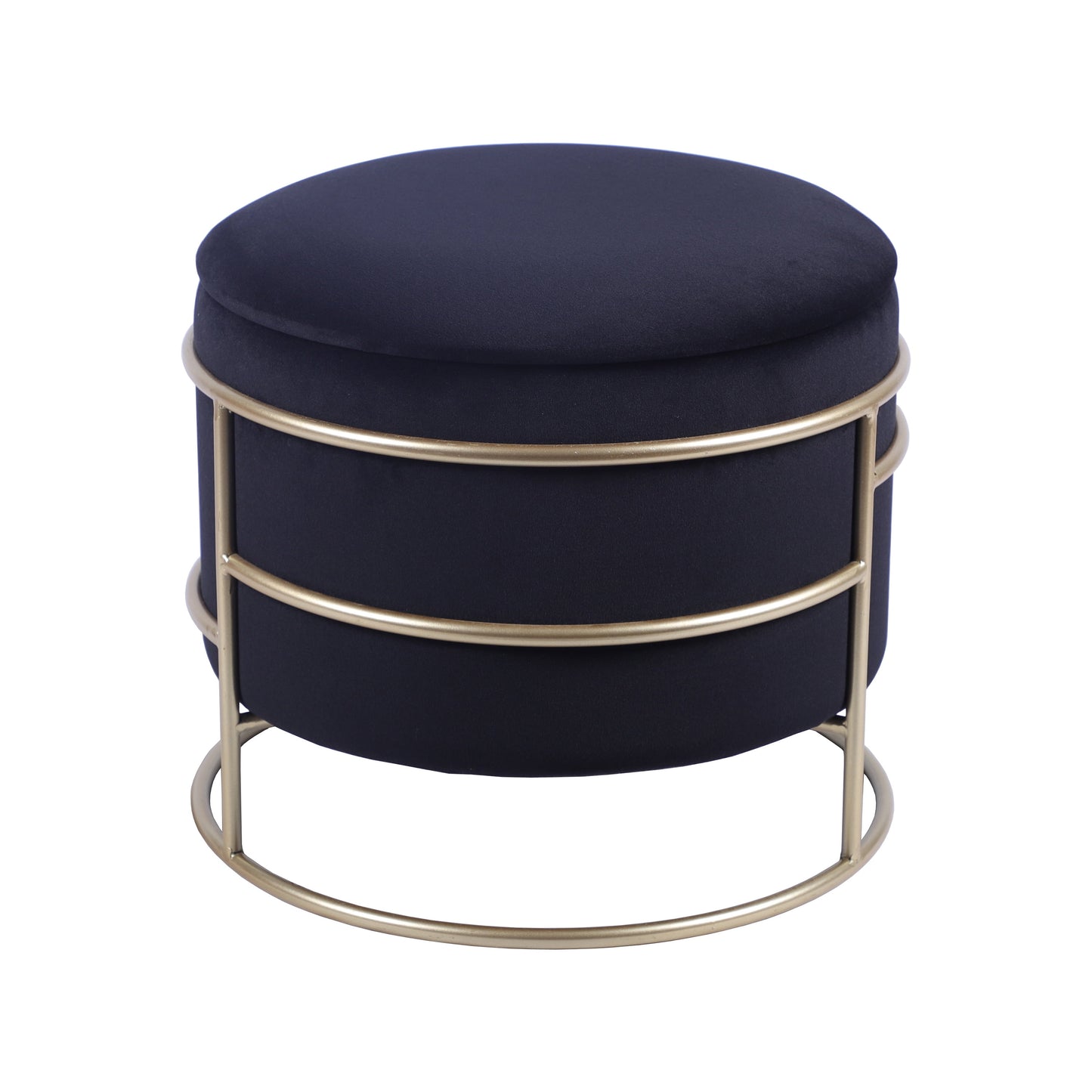 Elegant Velvet round Ottoman with Gold Frame and Storage, Black