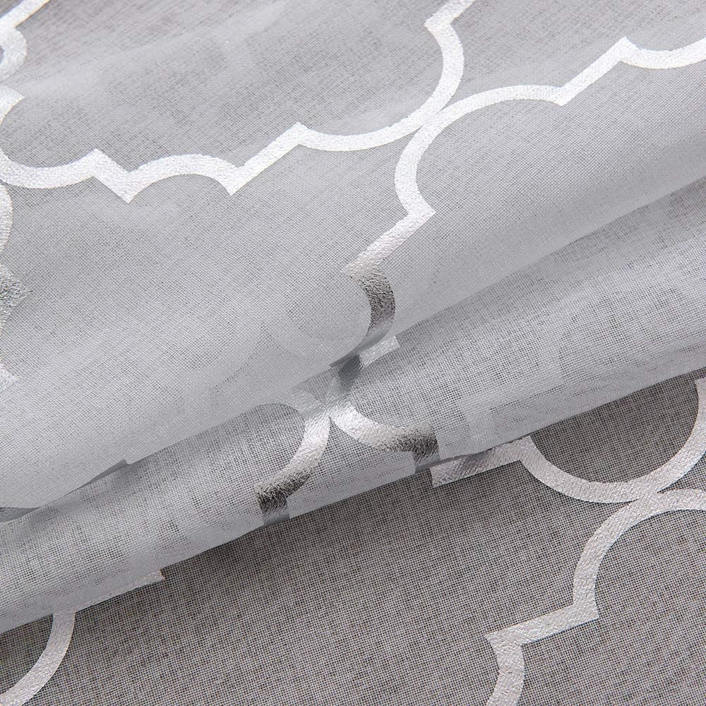 White and Silver Sheer Curtains 84 Inches Long Rod Pocket Moroccan Shiny Metallic Print Voile for Living Room 2 Panel W52 X L84 Inches