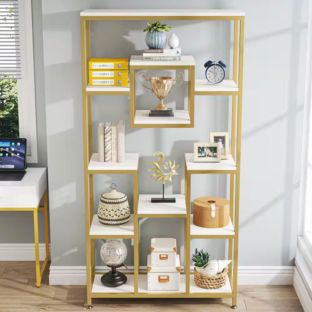 Frailey 71 In. Gold White Tall 11-Tier Large Open Display Bookshelf Geometric Cubed Bookcase Modern Storage Home Office