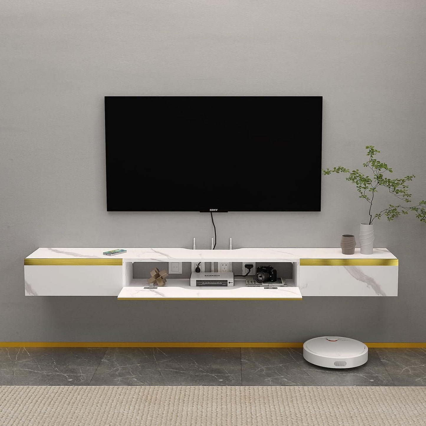 Floating TV Shelf with 3 Doors, 47'' Wall Mounted Wood Floating TV Console Entertainment Media Shelf TV Wall Unit with Storage for Bedroom Living Room(White)