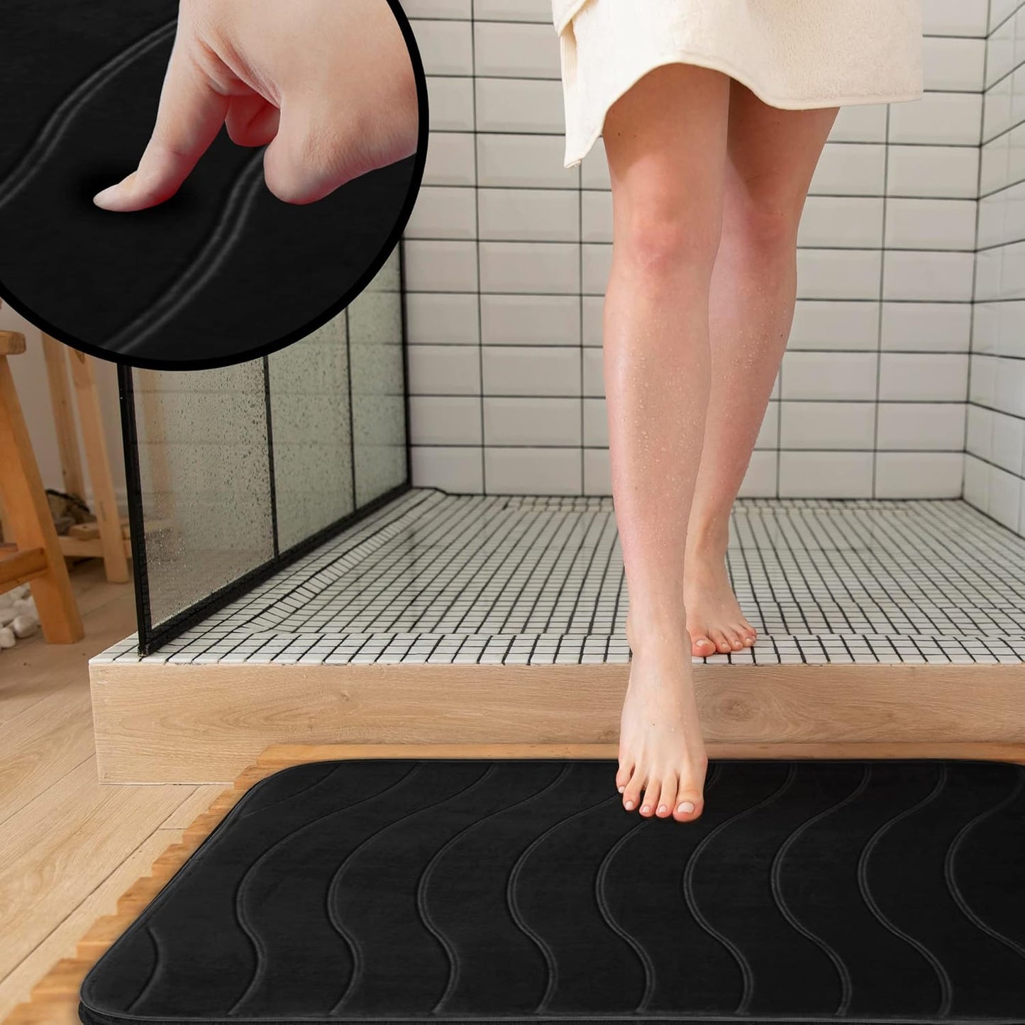 5-Piece Bathroom Rug Set - Memory Foam Bath Mat, Non-Slip, Machine Washable, Ultra-Soft, Water Absorbent, Black