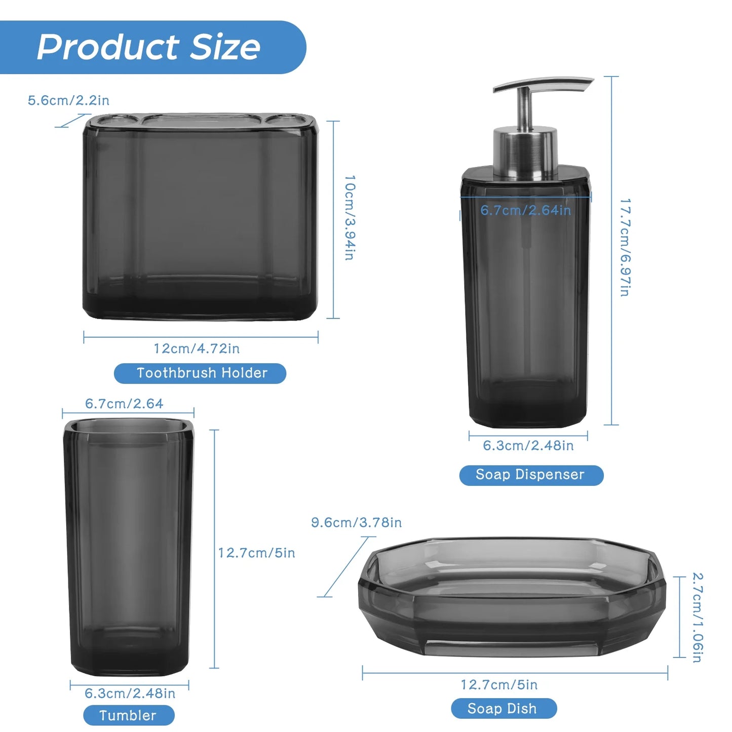 Bathroom Accessories Set, 4Pcs Elegant Acrylic Bathroom Decor, Grey Vanity Storage, Lotion Soap Dispenser, Soap Dish, Toothbrush Holder, Acrylic Tumbler, Home Essentials for Women