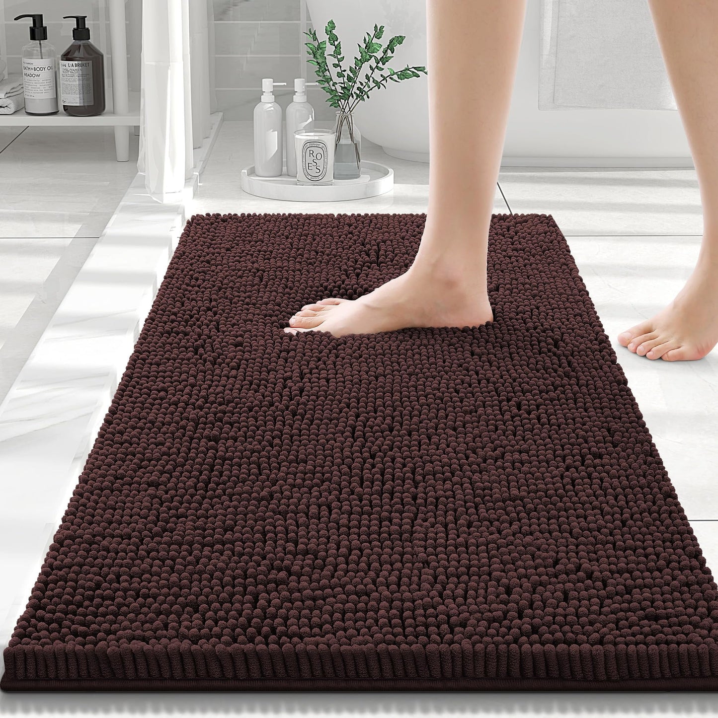 Luxury Chenille Bathroom Rugs, Extra Soft and Absorbent Bath Mat, Brown, 16"X24"