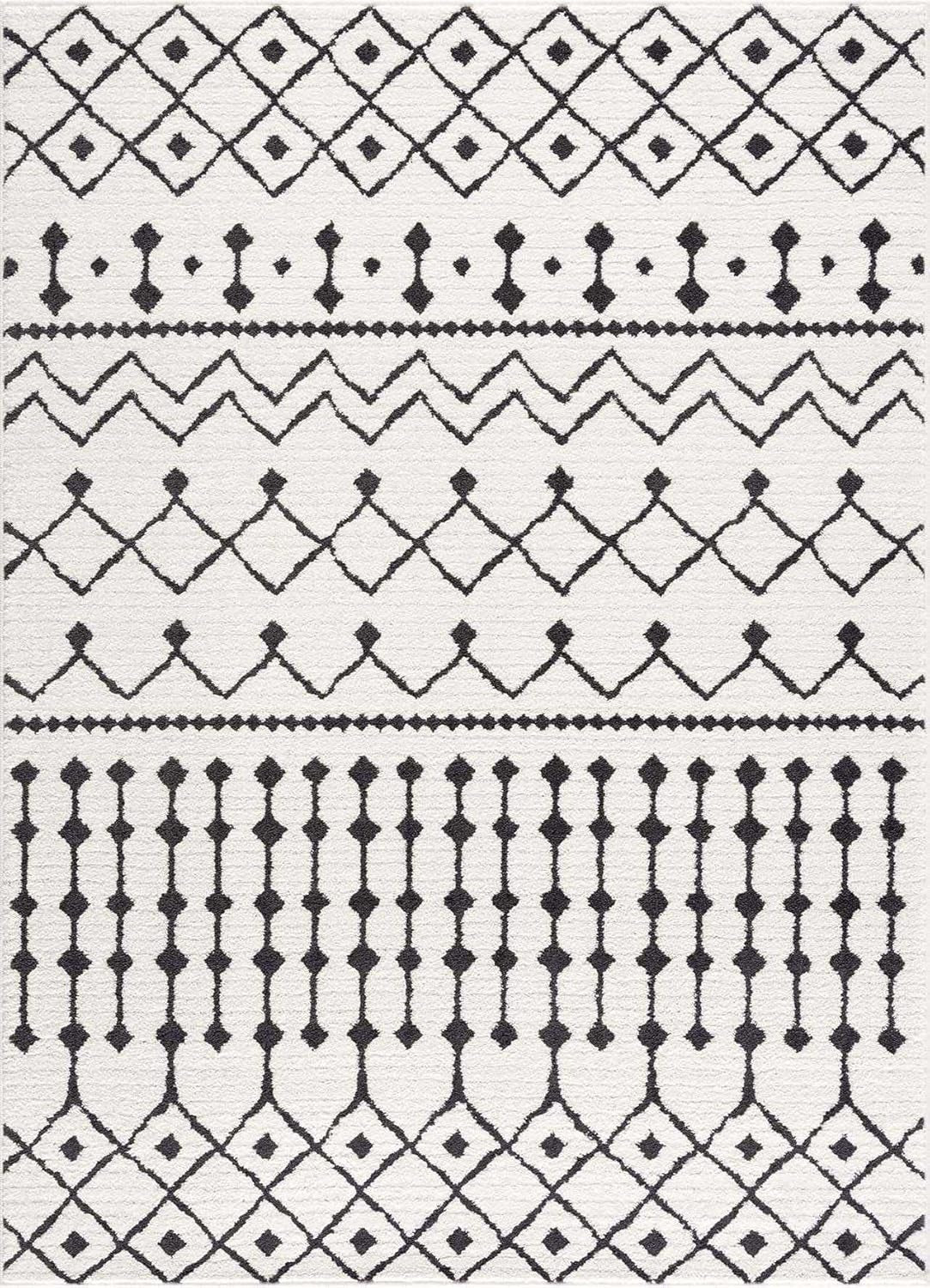 Ringwood Boho Moroccan Geometric Shag Area Rug for Living Room, Bedroom, Dining Room - Bohemian, Transitional - High Pile - Black and White, Charcoal - 8' 10" X 12'