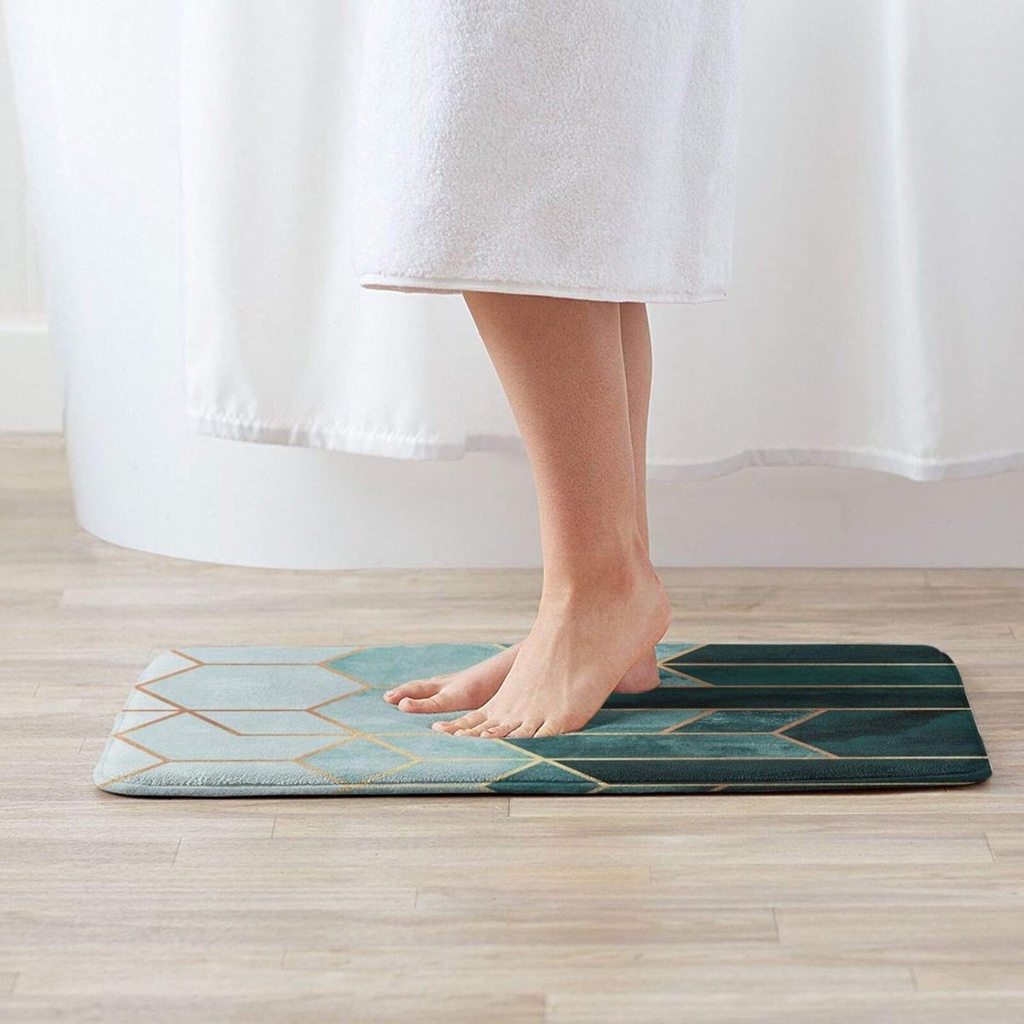 Bath Mat Modern Bathroom Mat Non Slip Absorbent Super Cozy Velvet Bathroom Rug Teal Hexagons Carpet 16" X 24" Bathroom Rug Mat for Bathroom