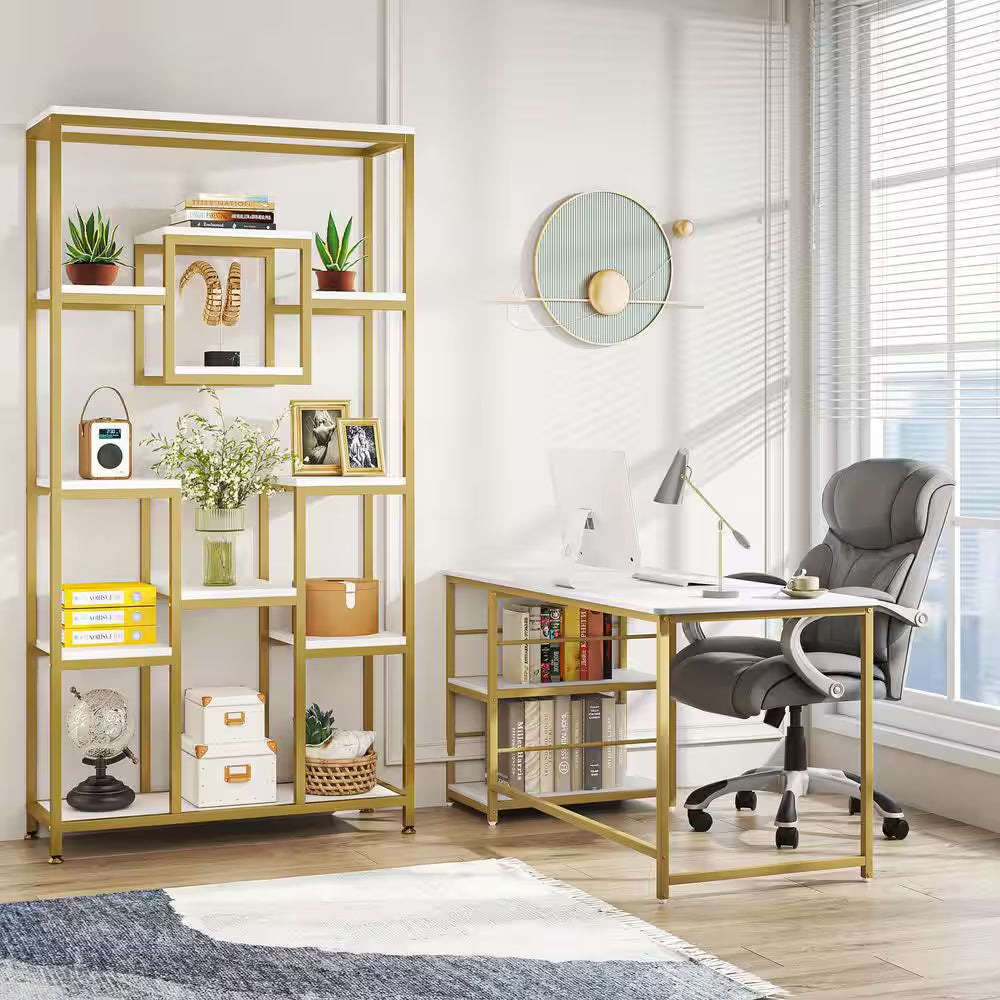 Frailey 71 In. Gold White Tall 11-Tier Large Open Display Bookshelf Geometric Cubed Bookcase Modern Storage Home Office