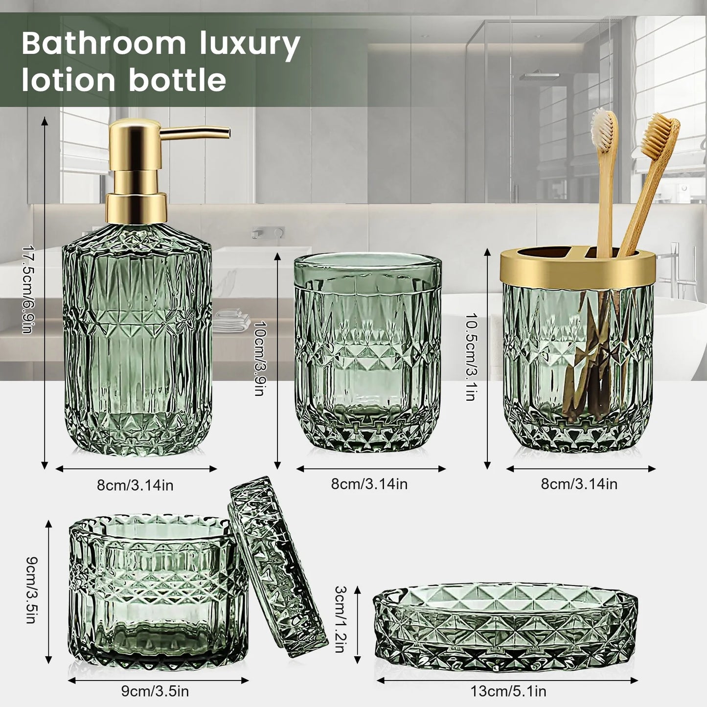 5Pcs Bathroom Accessories Set, Modern Glass Bathroom Accessories with Lotion Soap Dispenser, Soap Dish, Toothbrush Holder, Tumbler, Cotton Swab Jars, Perfect for Bathroom Theme Gift,Green