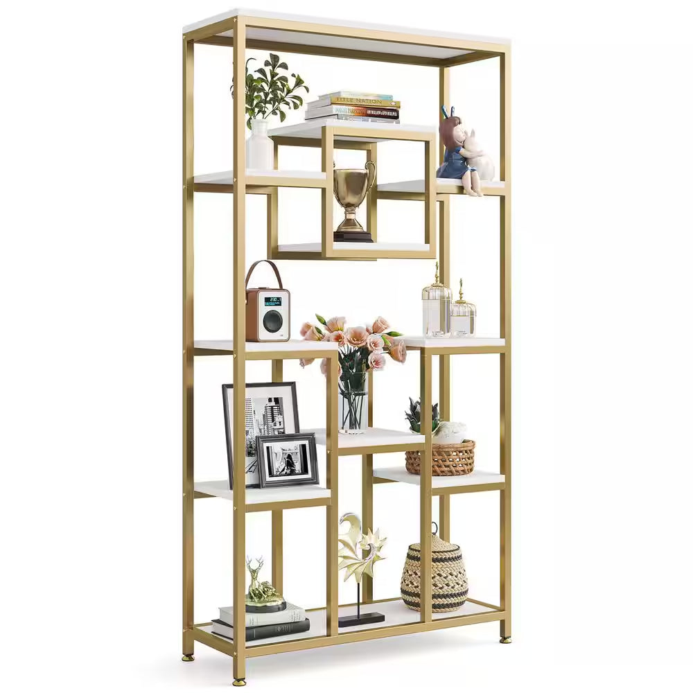 Frailey 71 In. Gold White Tall 11-Tier Large Open Display Bookshelf Geometric Cubed Bookcase Modern Storage Home Office