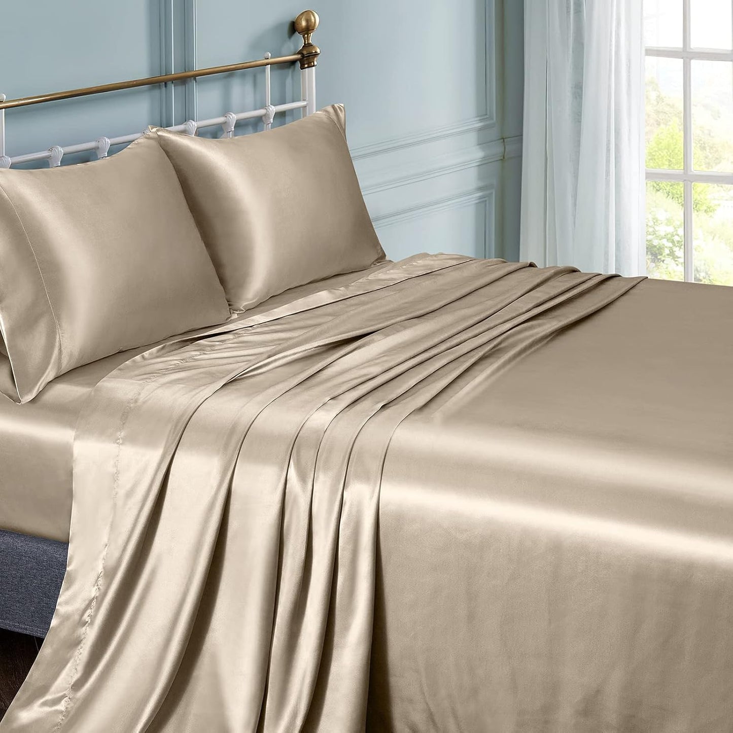 Satin Sheets Queen Size Silky Soft Satin Bed Sheets Taupe Satin Sheet Set, 1 Deep Pocket Fitted Sheet + 1 Flat Sheet + 2 Pillowcases