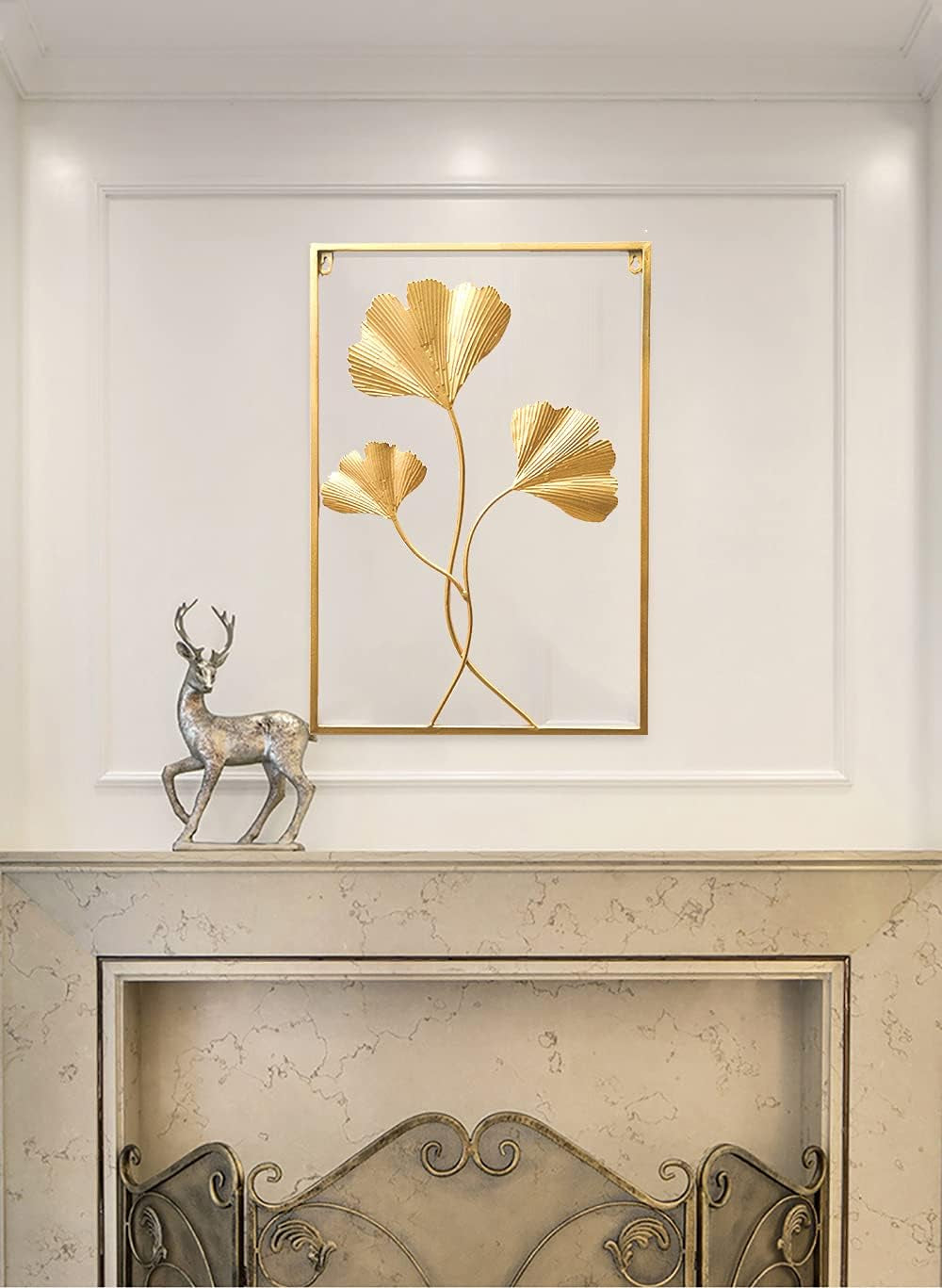 Gold Metal Wall Decor, 24" X 16" Gold Leaf Wall Decor with Frame, Golden Metal Ginkgo Leaf Wall Art Wall Sculpture for Living Room, Office, Home, Hotel