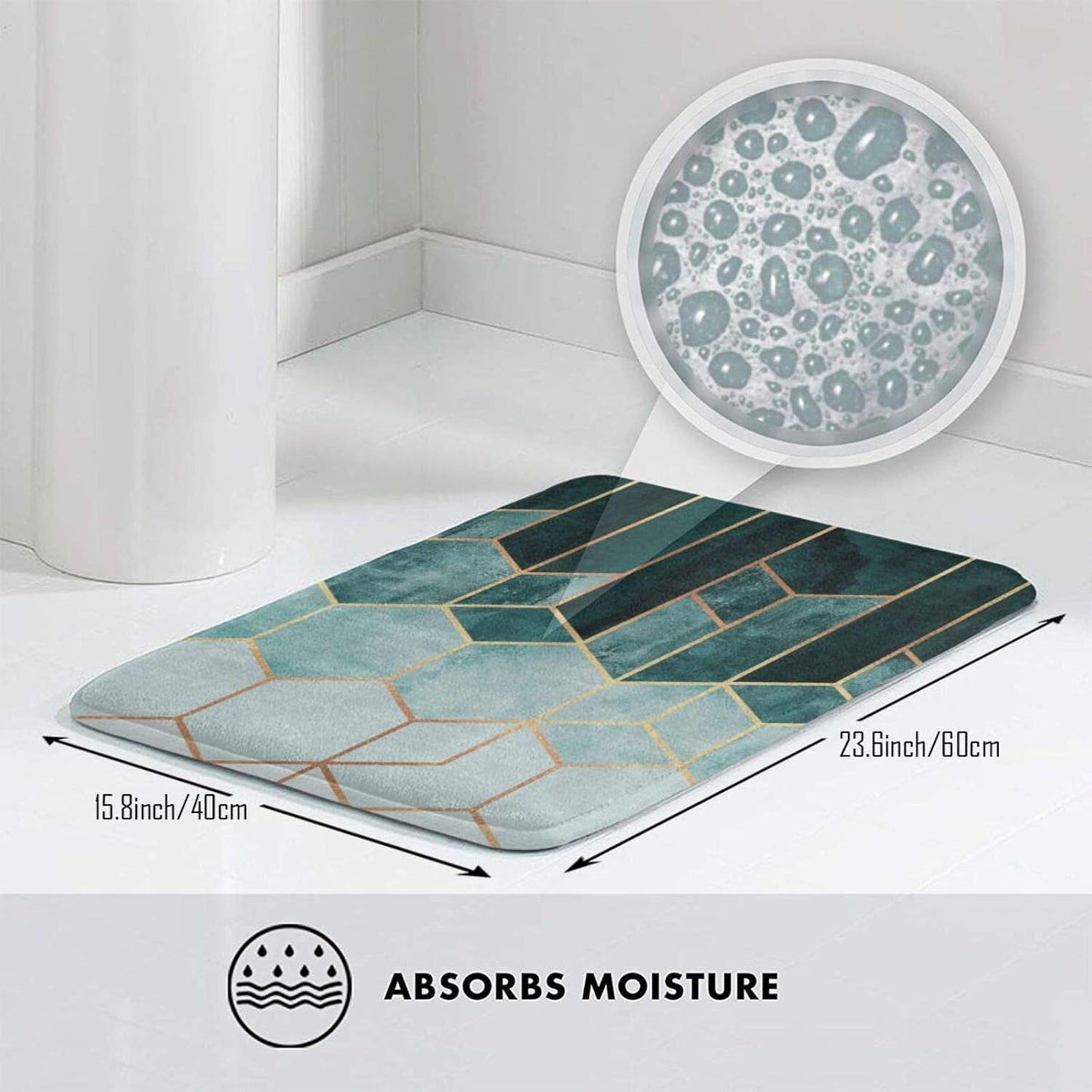 Bath Mat Modern Bathroom Mat Non Slip Absorbent Super Cozy Velvet Bathroom Rug Teal Hexagons Carpet 16" X 24" Bathroom Rug Mat for Bathroom