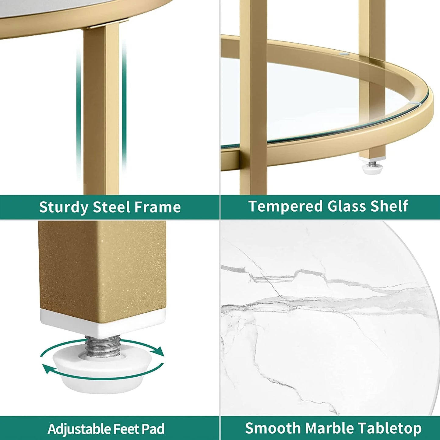 Dexturs 2-Tier round Coffee Table Marble Center Cocktail Table with Glass Open Storage Shelf, White