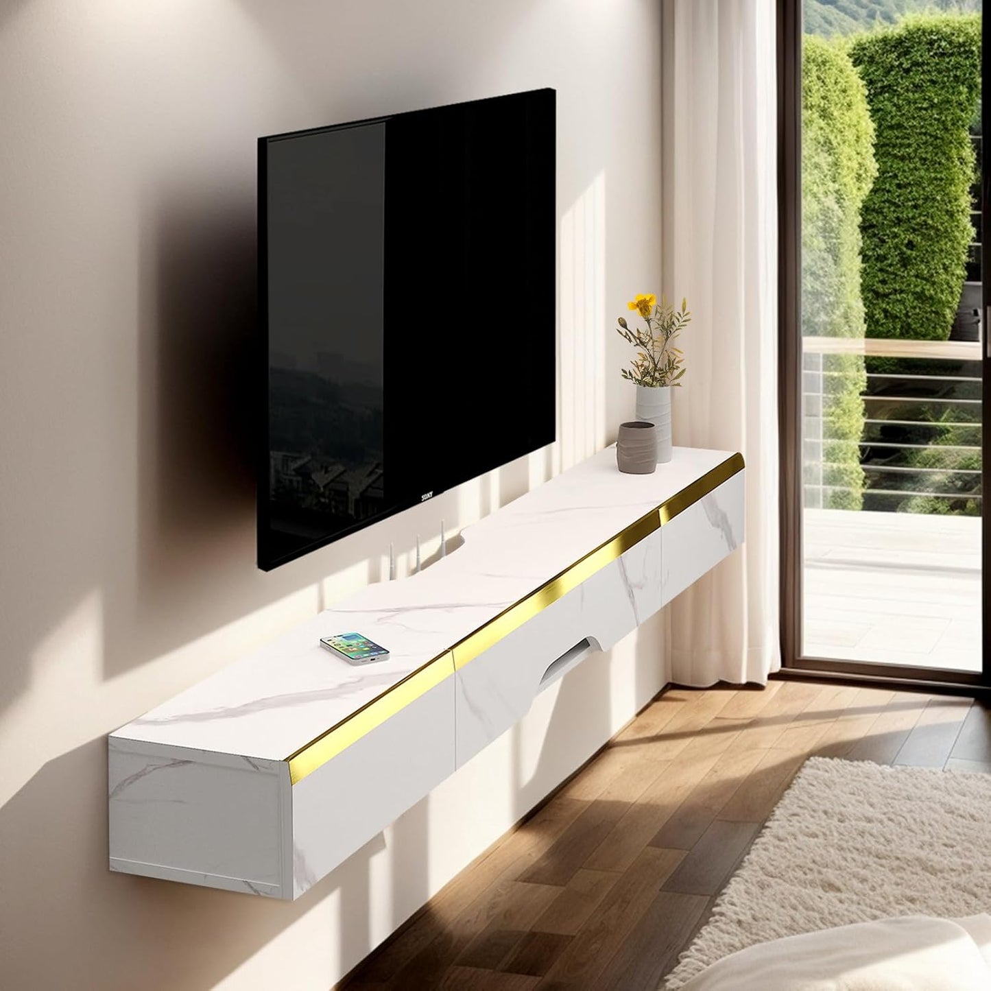 Floating TV Shelf with 3 Doors, 47'' Wall Mounted Wood Floating TV Console Entertainment Media Shelf TV Wall Unit with Storage for Bedroom Living Room(White)