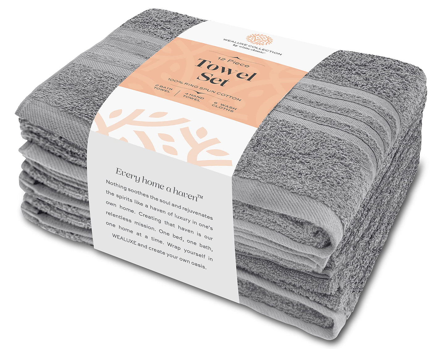 12 Piece Bath Towel Set for Bathroom - Wealuxe Collection 2 Bath Towels, 4 Hand Towels, 6 Washcloths 100% Cotton Soft and Plush Highly Absorbent, Soft Towel for Hotel & Spa - Light Gray