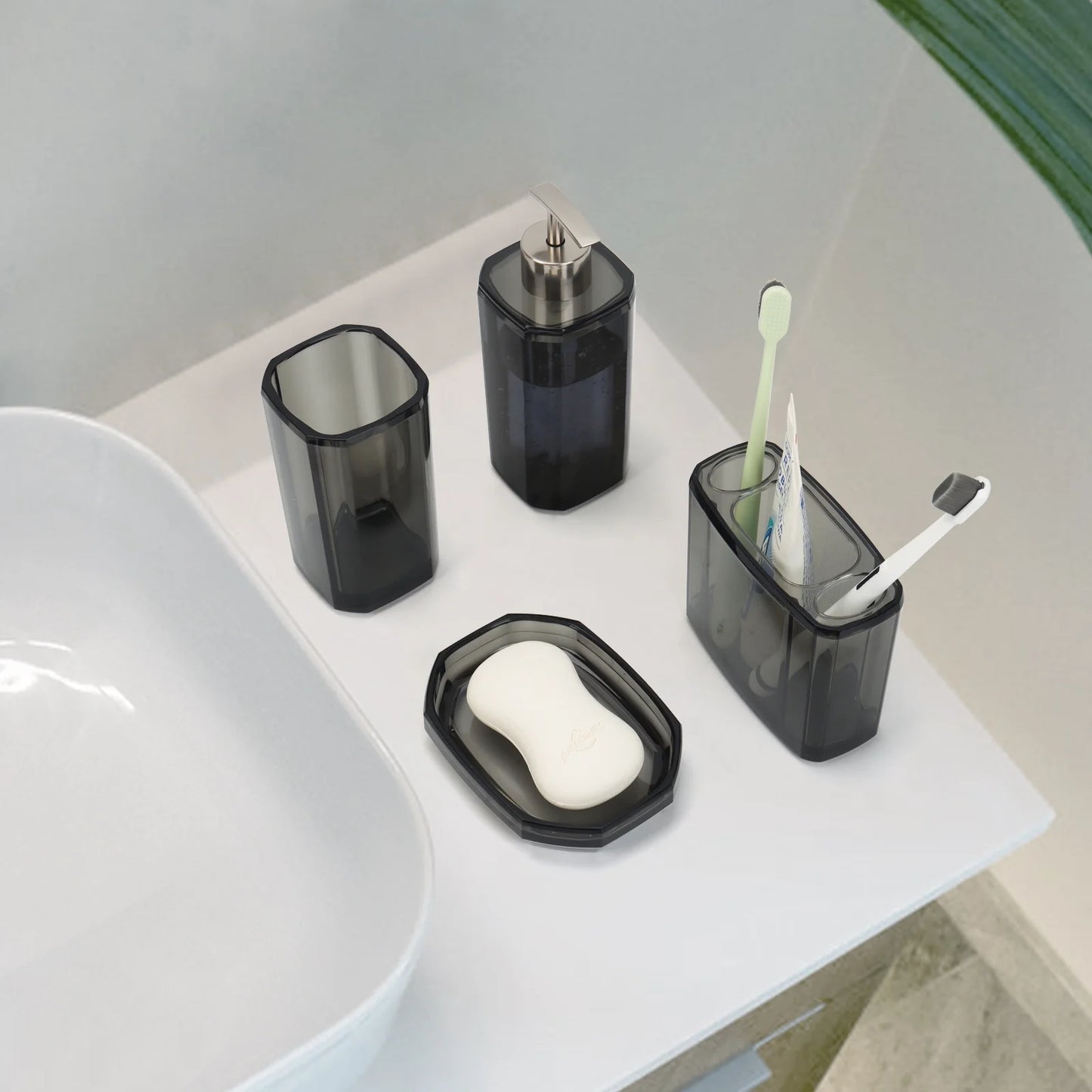 Bathroom Accessories Set, 4Pcs Elegant Acrylic Bathroom Decor, Grey Vanity Storage, Lotion Soap Dispenser, Soap Dish, Toothbrush Holder, Acrylic Tumbler, Home Essentials for Women