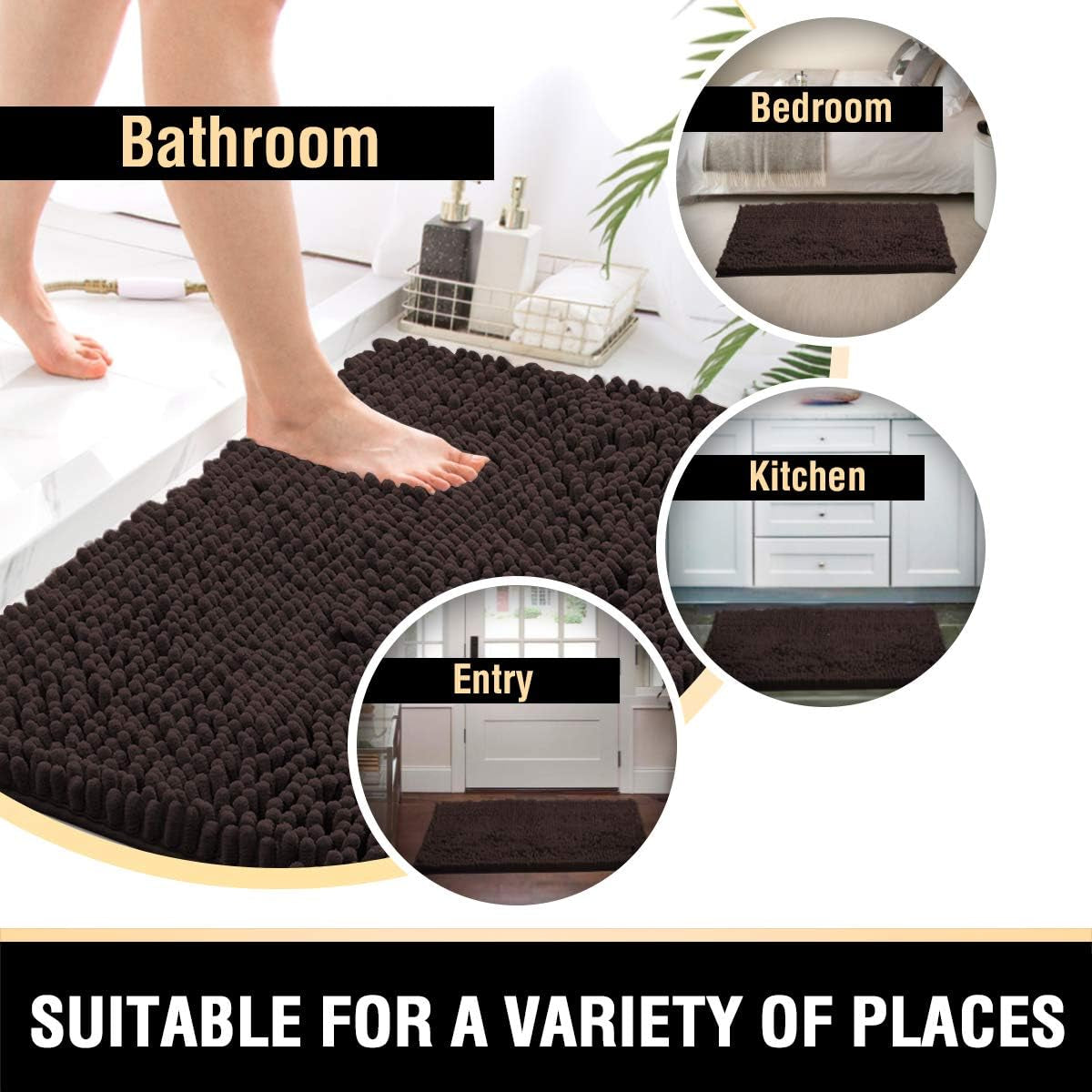 Bathroom Rugs Bath Mats for Bathroom Non Slip Luxury Chenille Bathroom Rugs Extra Soft Absorbent Shaggy Bathroom Mat Rugs Washable Fast Dry 2 Piece (Chocolate, 24" X 36"/20" X 32")