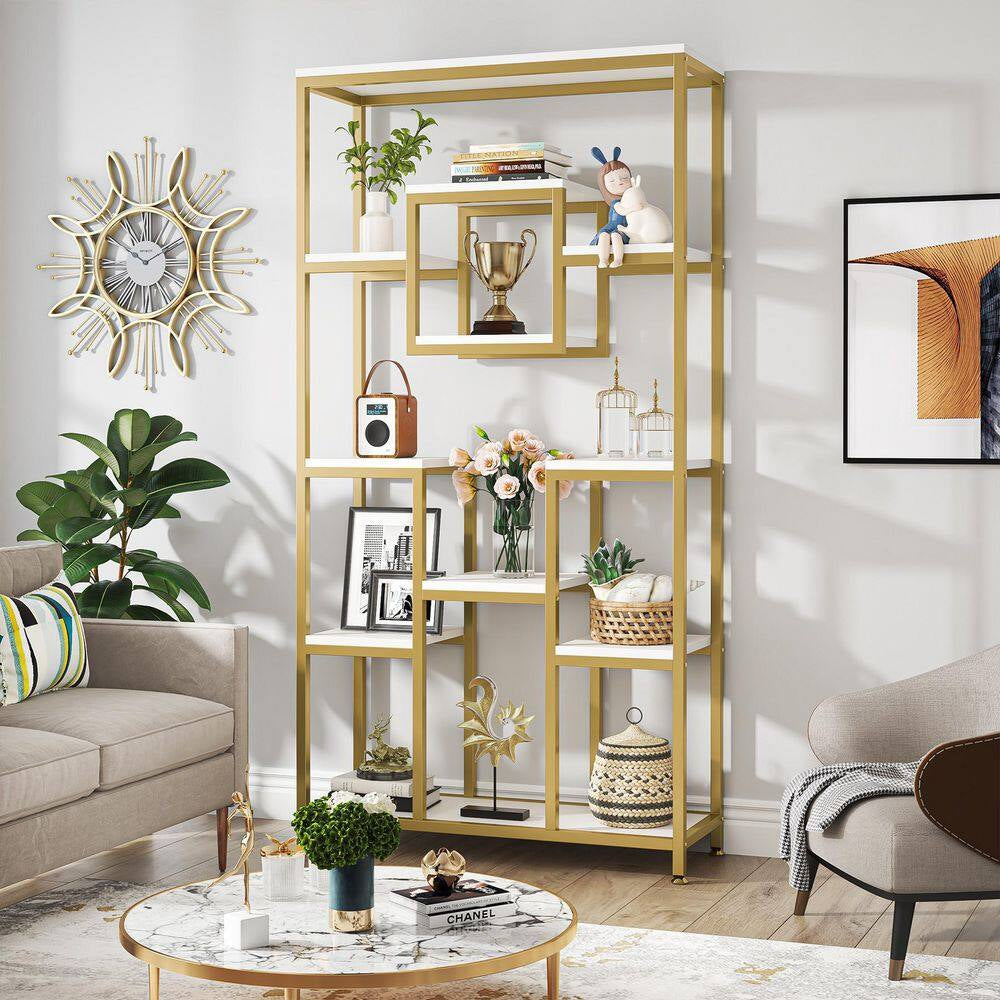 Frailey 71 In. Gold White Tall 11-Tier Large Open Display Bookshelf Geometric Cubed Bookcase Modern Storage Home Office