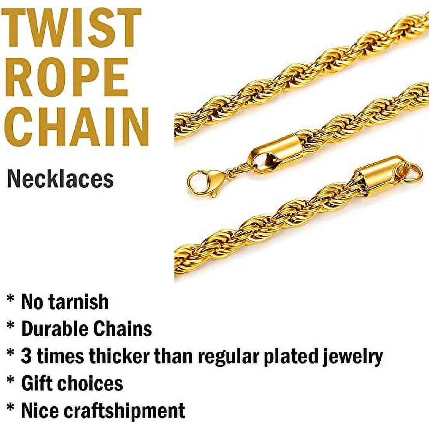 Men Necklace 18K Gold Plated Replacement Rope Chain for Men Gift 6Mm 20Inches 316L Stainless Steel