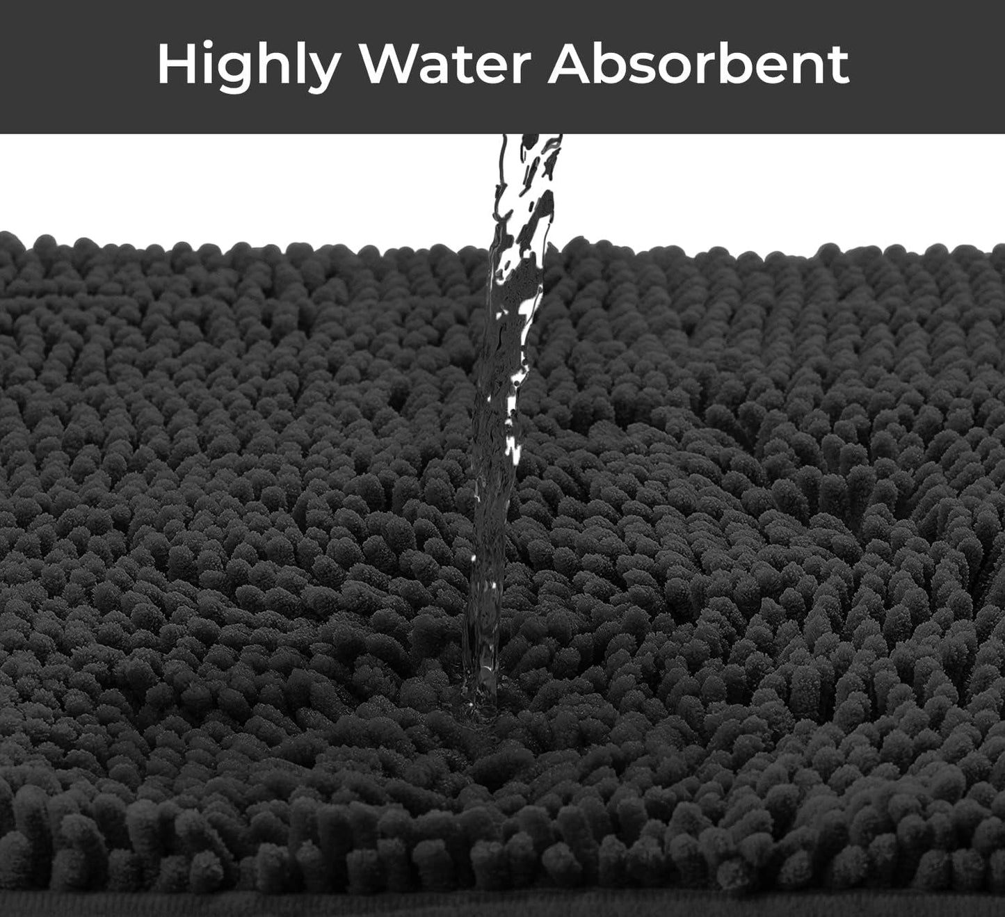 4-Piece Bathroom Rug Set - Soft Chenille Mats, Non-Slip Toilet Mat & Lid Cover for Comfort & Style (20X20 U, 16X24, 20X30 & 19X19 Inches, Black)