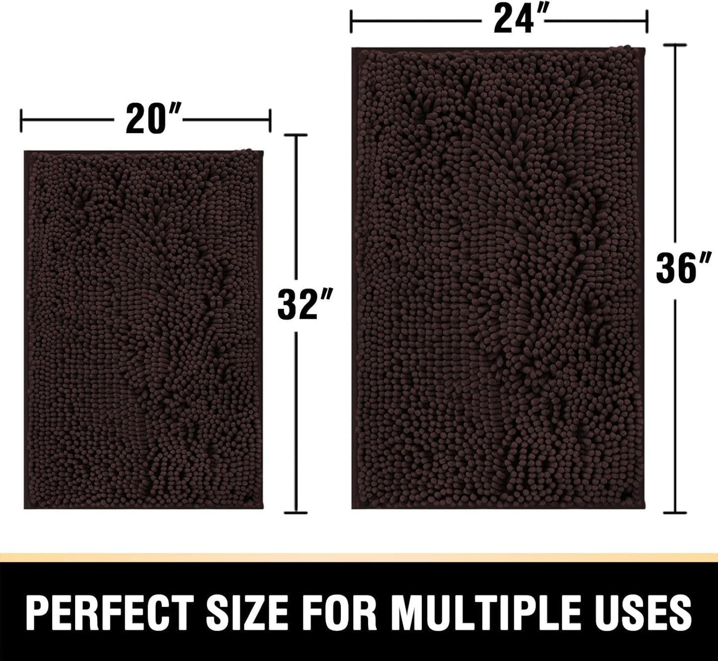 Bathroom Rugs Bath Mats for Bathroom Non Slip Luxury Chenille Bathroom Rugs Extra Soft Absorbent Shaggy Bathroom Mat Rugs Washable Fast Dry 2 Piece (Chocolate, 24" X 36"/20" X 32")