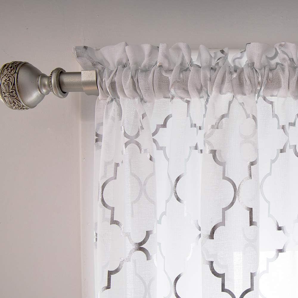 White and Silver Sheer Curtains 84 Inches Long Rod Pocket Moroccan Shiny Metallic Print Voile for Living Room 2 Panel W52 X L84 Inches