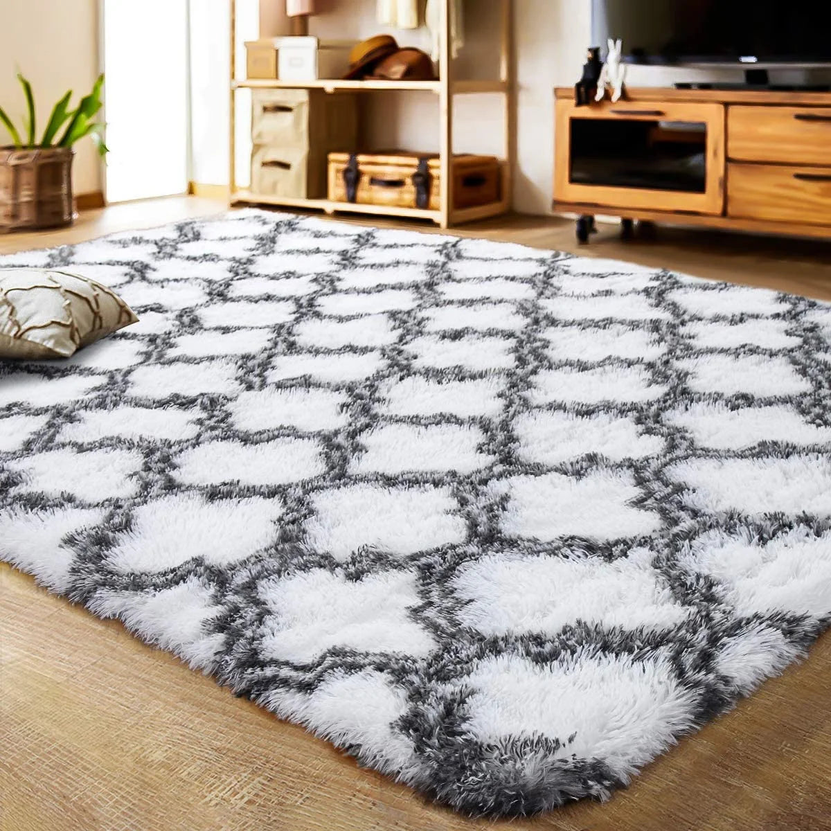 Shag Geometric Area Rug Plush Fluffy Rugs Soft Moroccan Carpets for Bedroom Living Room Home Decor Mat,6'X9',White/Black