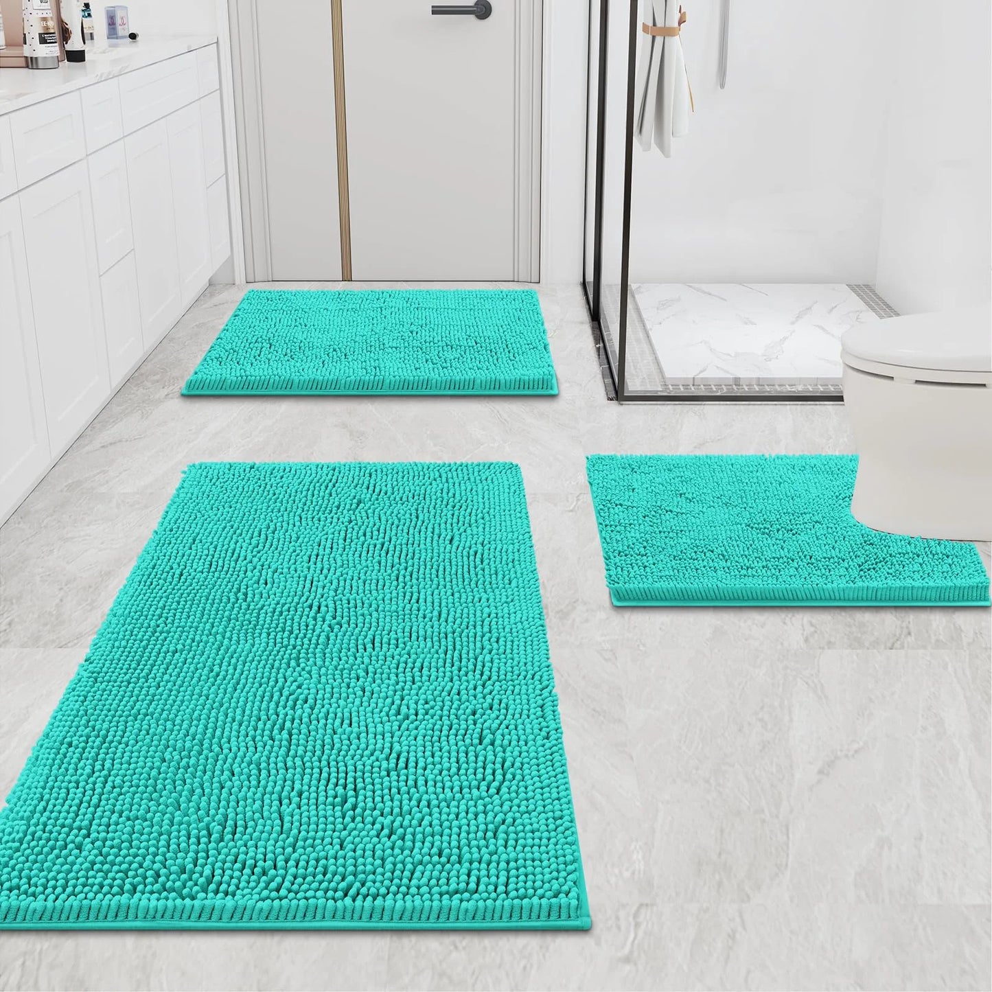 Luxury Chenille Bathroom Rugs, Extra Soft and Absorbent Bath Mat, Turquoise, 16"X24"