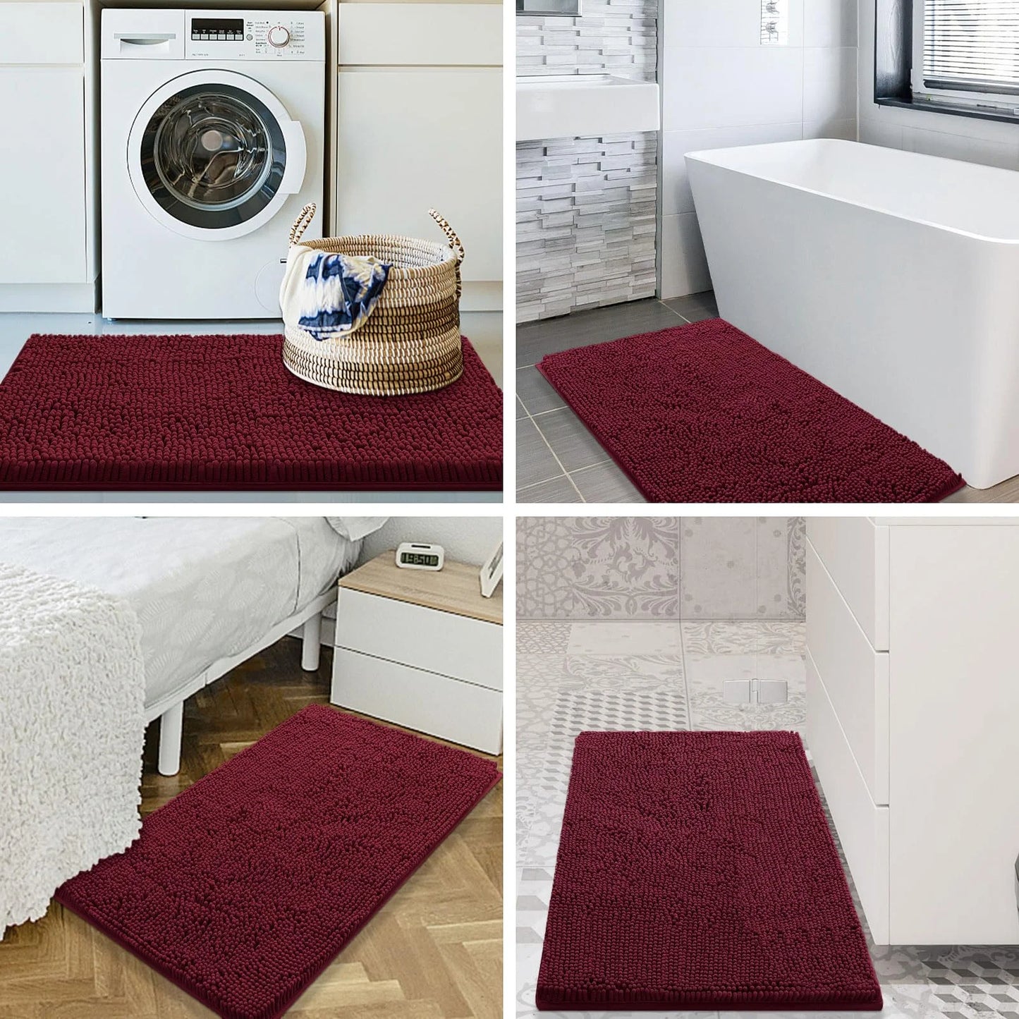 Luxury Chenille Bathroom Rugs, Extra Soft and Absorbent Bath Mat, Wine Red, 24"X47"