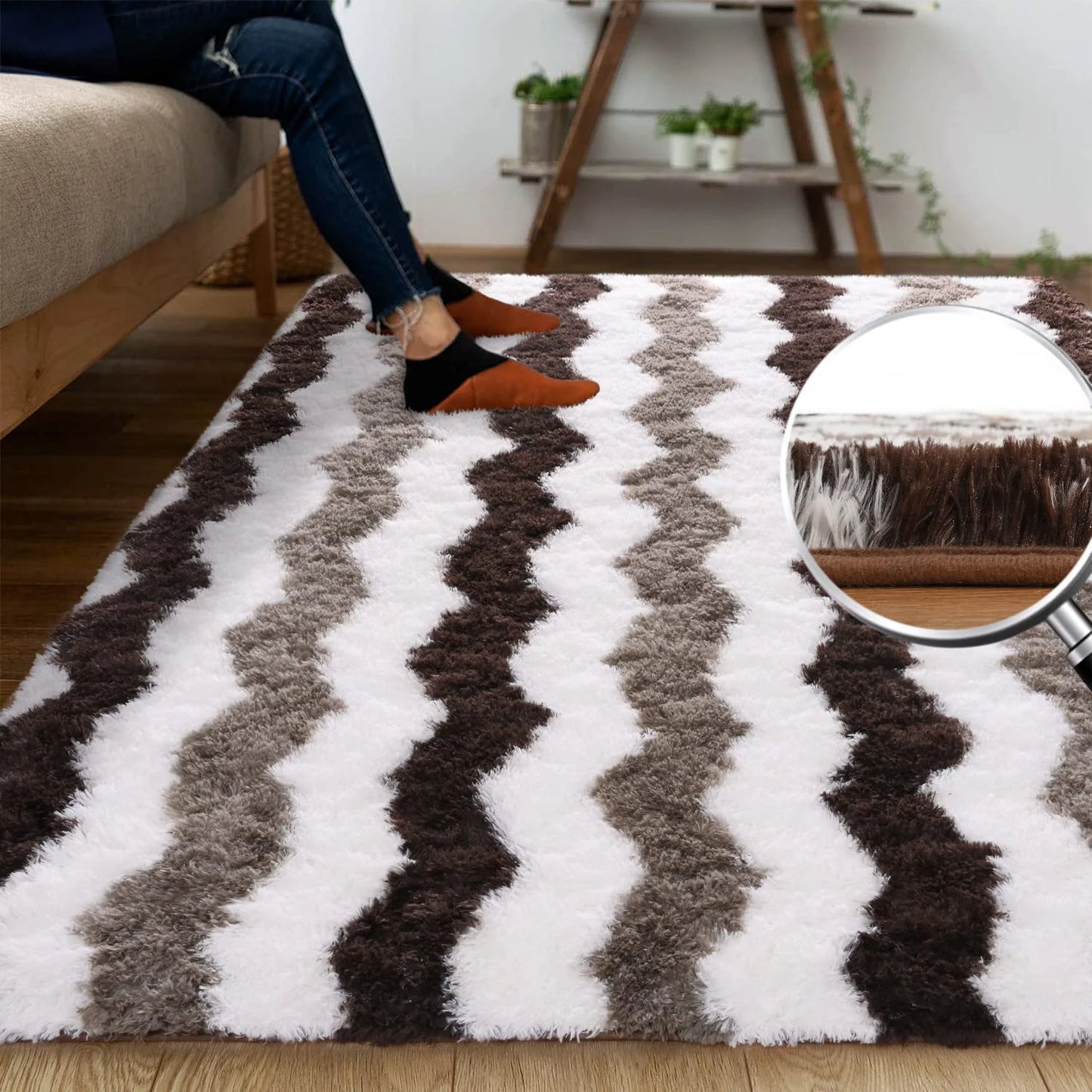 Soft Shaggy Rugs Plush Area Rugs for Living Room Bedroom Fluffy Carpets Home Decor,5X8Ft,Stripe Brown