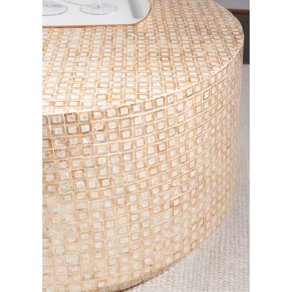 Mina 29.92 In. Gold round Resin Top Capiz Shell Coffee Table