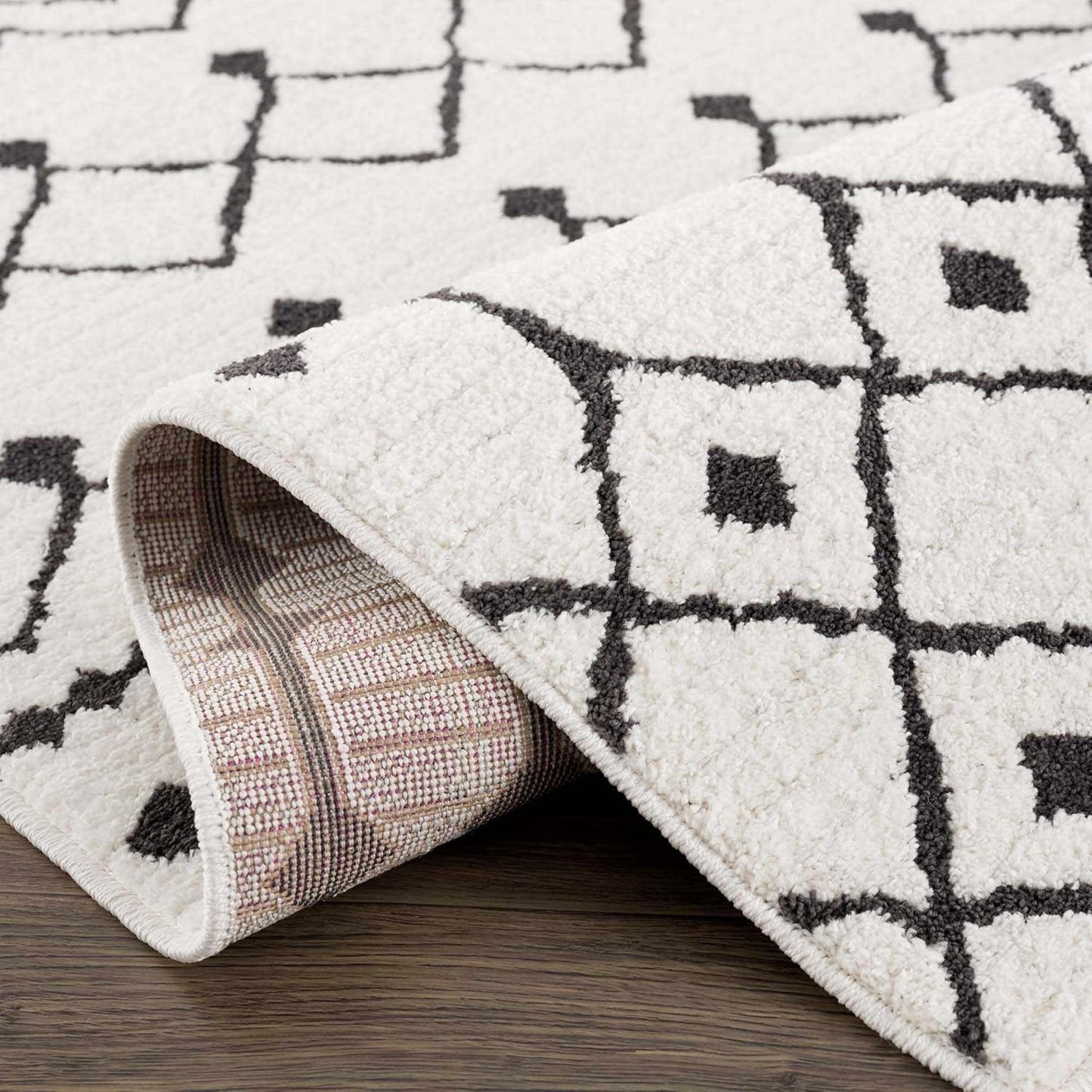 Ringwood Boho Moroccan Geometric Shag Area Rug for Living Room, Bedroom, Dining Room - Bohemian, Transitional - High Pile - Black and White, Charcoal - 8' 10" X 12'