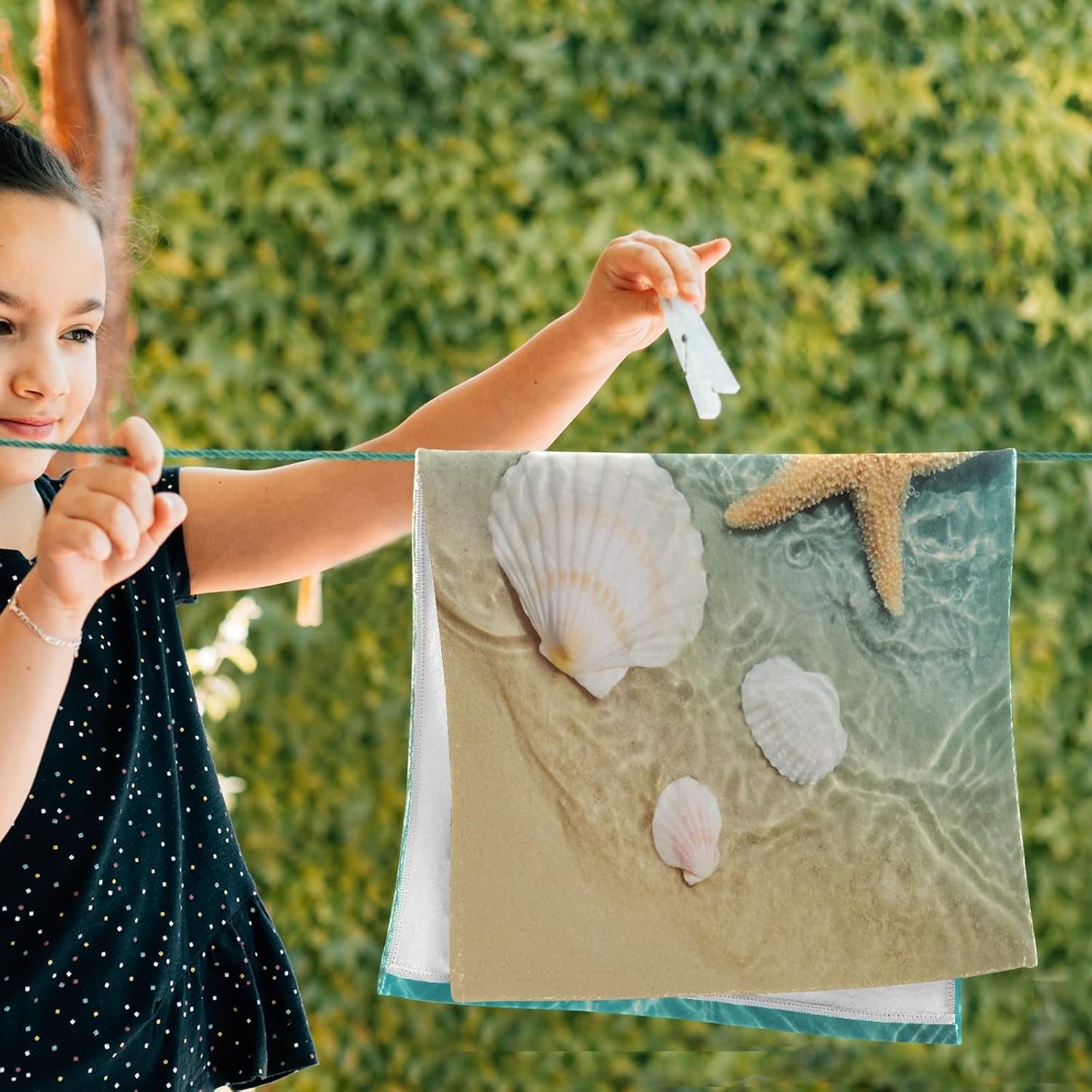 Starfish and Seashell Face Towel Set of 2, Summer Hand Towel Dish Towels Beach Towels Bath Kitchen Decor Set, 30X15
