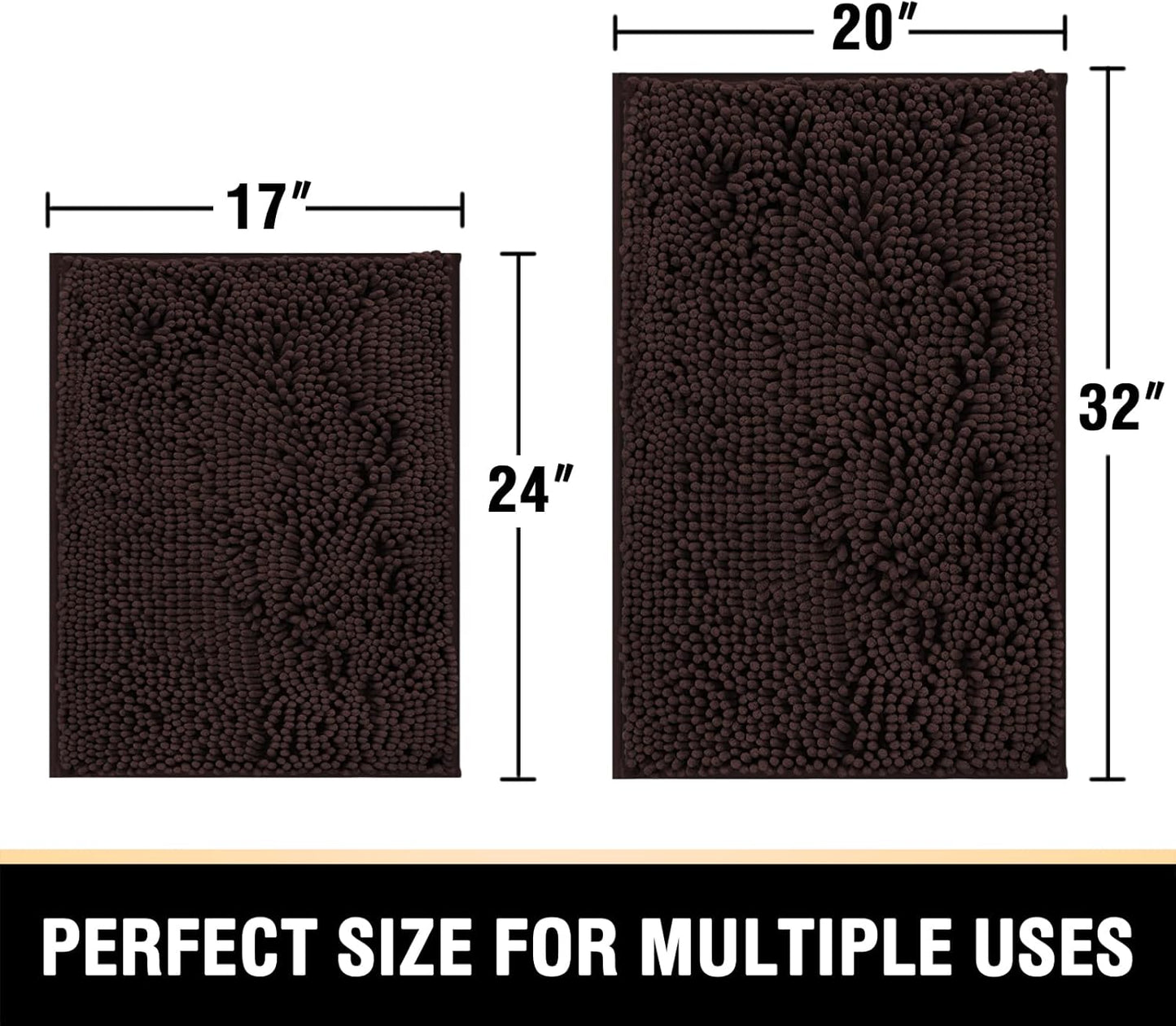 Bathroom Rugs Bath Mats for Bathroom Non Slip Luxury Chenille Bathroom Rugs Extra Soft Absorbent Shaggy Bathroom Mat Rugs Washable Fast Dry 2 Piece (Chocolate, 20" X 32"/17" X 24")