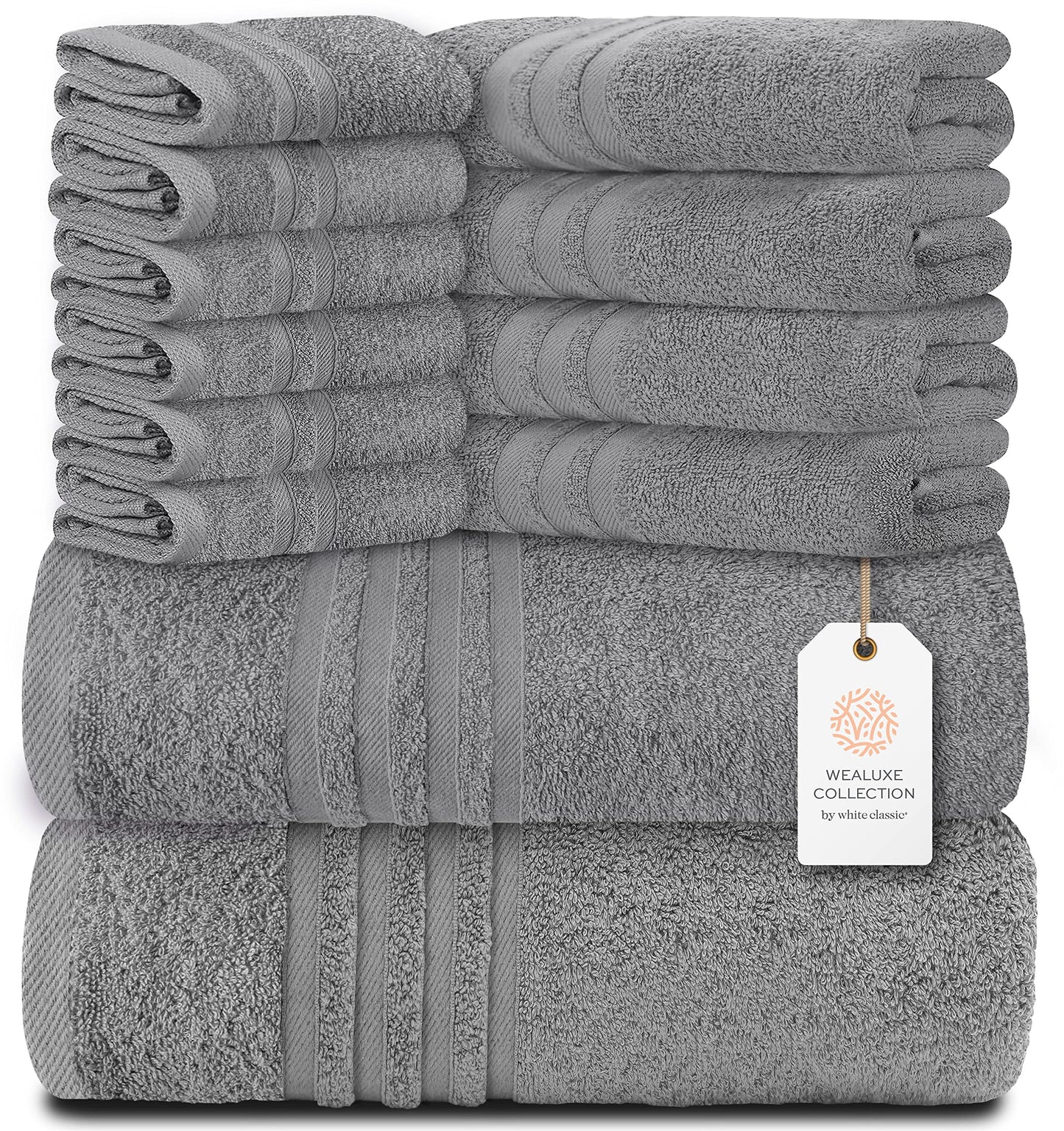 12 Piece Bath Towel Set for Bathroom - Wealuxe Collection 2 Bath Towels, 4 Hand Towels, 6 Washcloths 100% Cotton Soft and Plush Highly Absorbent, Soft Towel for Hotel & Spa - Light Gray