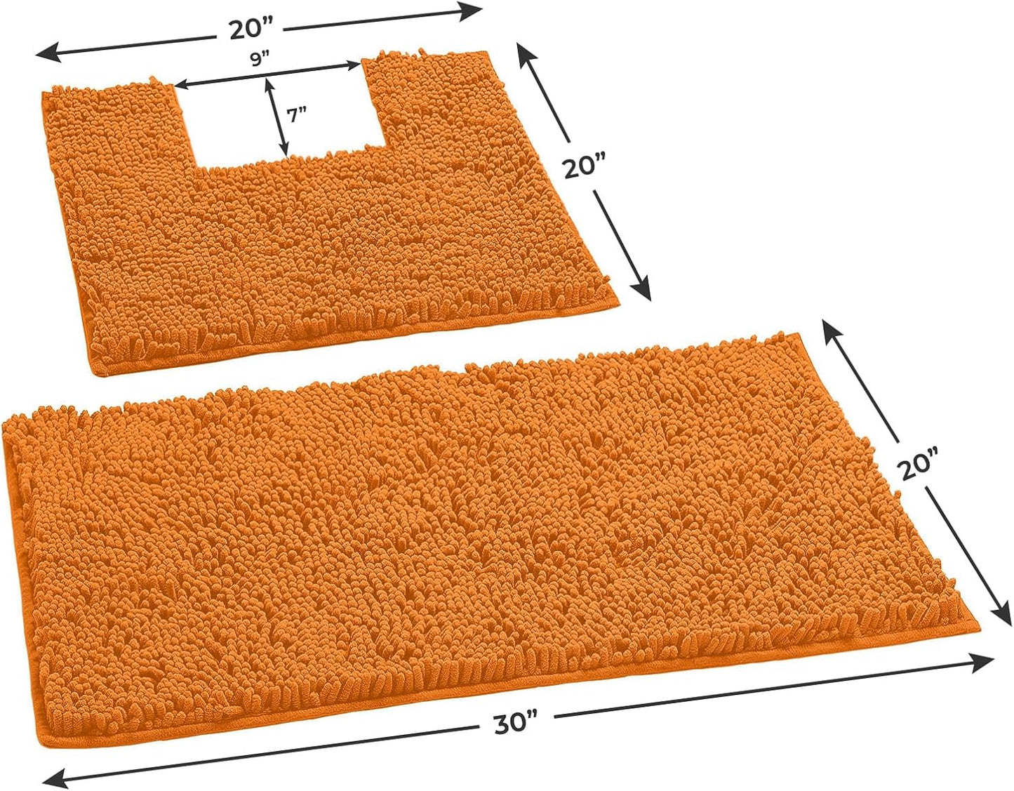 Orange Bathroom Rugs Chenille 2-Piece Bath Mat Set, Soft Plush Bath Rug +Toilet Mat.1'' Microfiber Shaggy Carpet, Super Absorbent Machine Washable - Square Curved Set (20”X 30” + 20”X20” U, Orange)