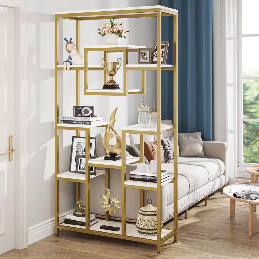 Frailey 71 In. Gold White Tall 11-Tier Large Open Display Bookshelf Geometric Cubed Bookcase Modern Storage Home Office