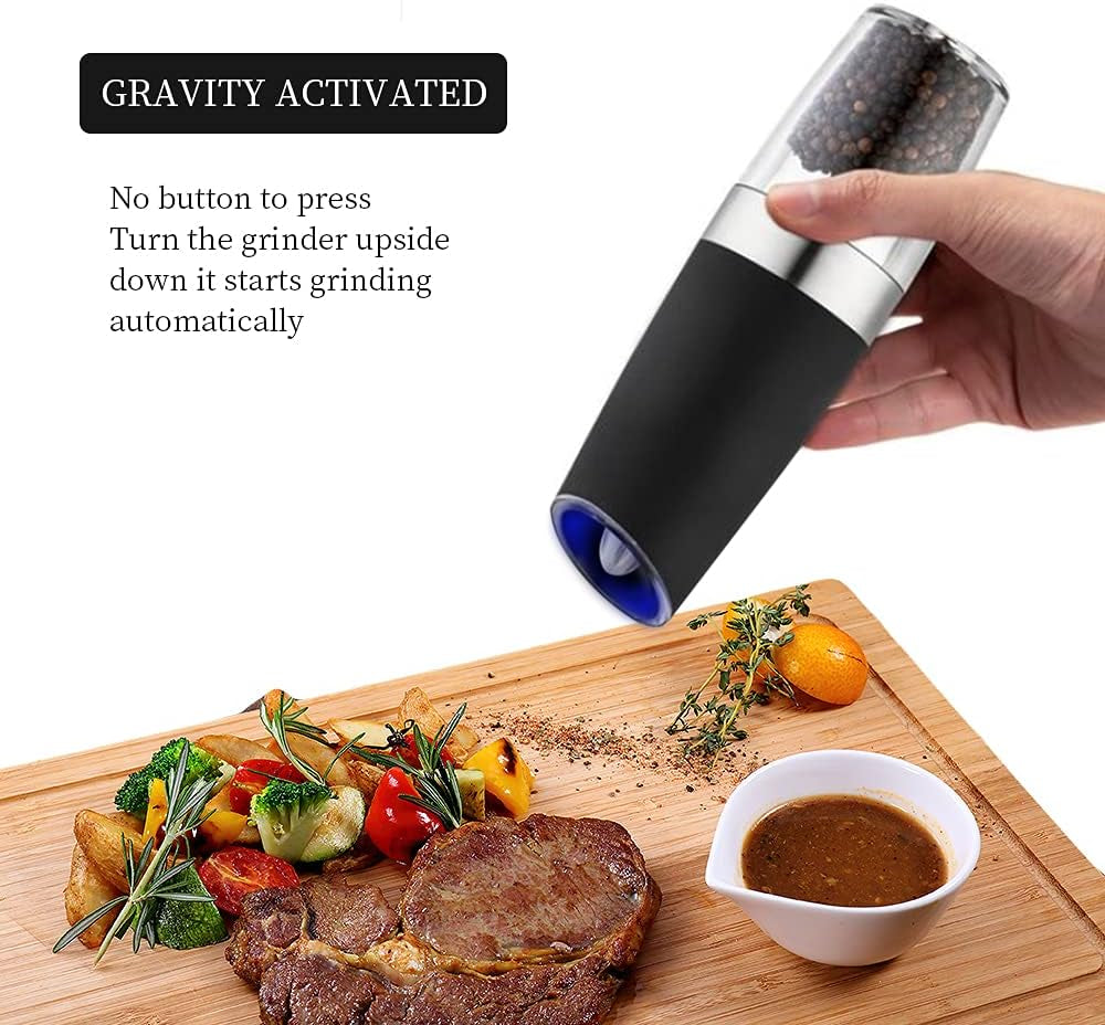 Electric Salt and Pepper Grinder Set,Electric Pepper Grinder Battery Operated,Gravity Salt and Pepper Grinder Set,Adjustable Coarseness with Blue Light Pack of 2 Black(Batteries Not Included)