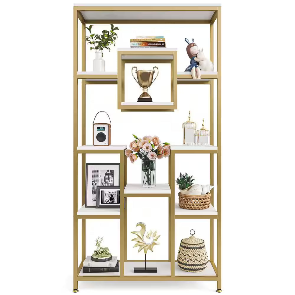 Frailey 71 In. Gold White Tall 11-Tier Large Open Display Bookshelf Geometric Cubed Bookcase Modern Storage Home Office