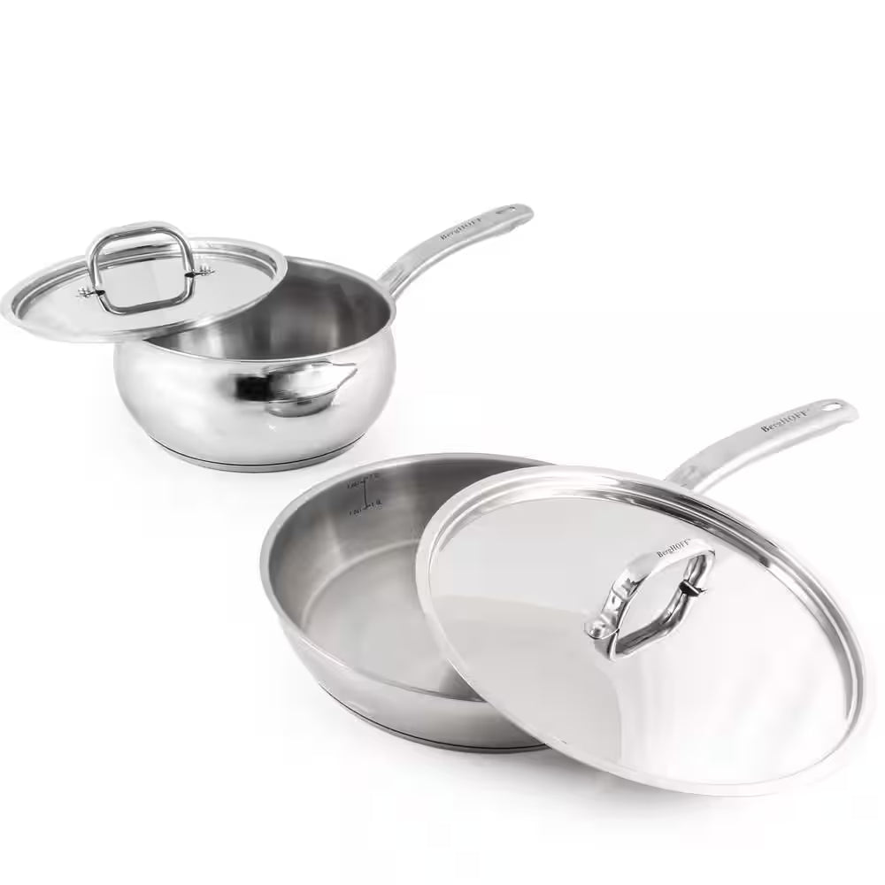 Belly Shape 4-Piece 18/10 Stainless Steel Skillet and Saucepan Set, SS Lid