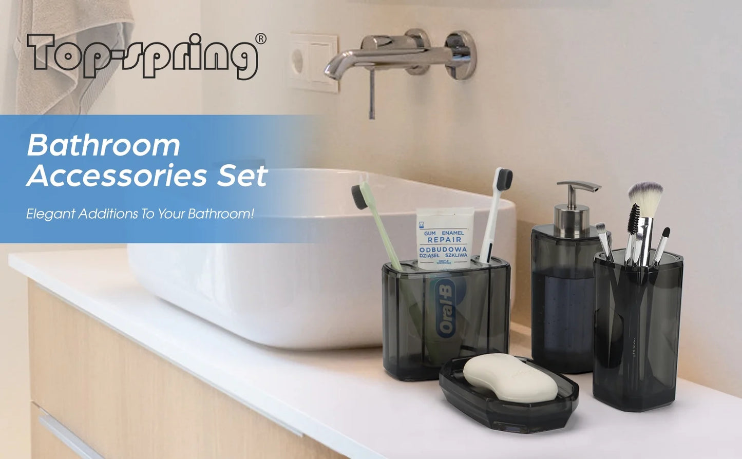 Bathroom Accessories Set, 4Pcs Elegant Acrylic Bathroom Decor, Grey Vanity Storage, Lotion Soap Dispenser, Soap Dish, Toothbrush Holder, Acrylic Tumbler, Home Essentials for Women