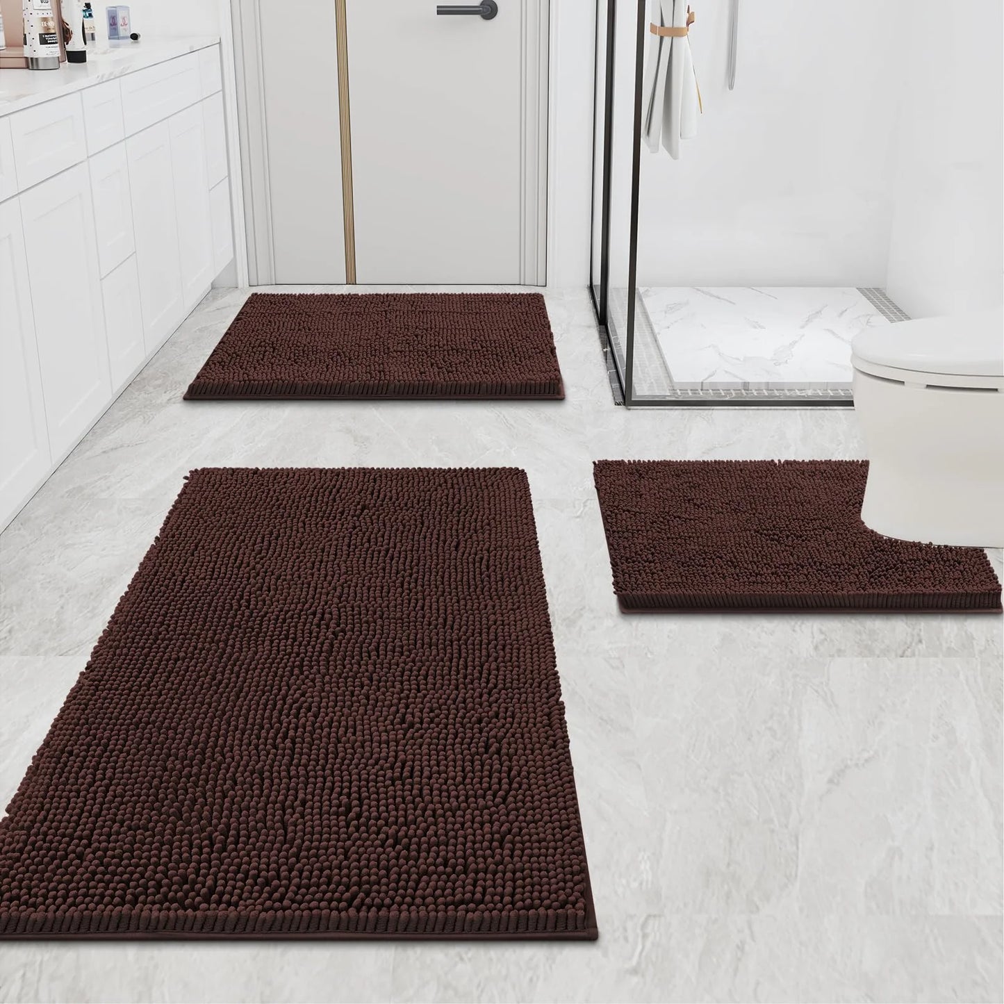Luxury Chenille Bathroom Rugs, Extra Soft and Absorbent Bath Mat, Brown, 16"X24"