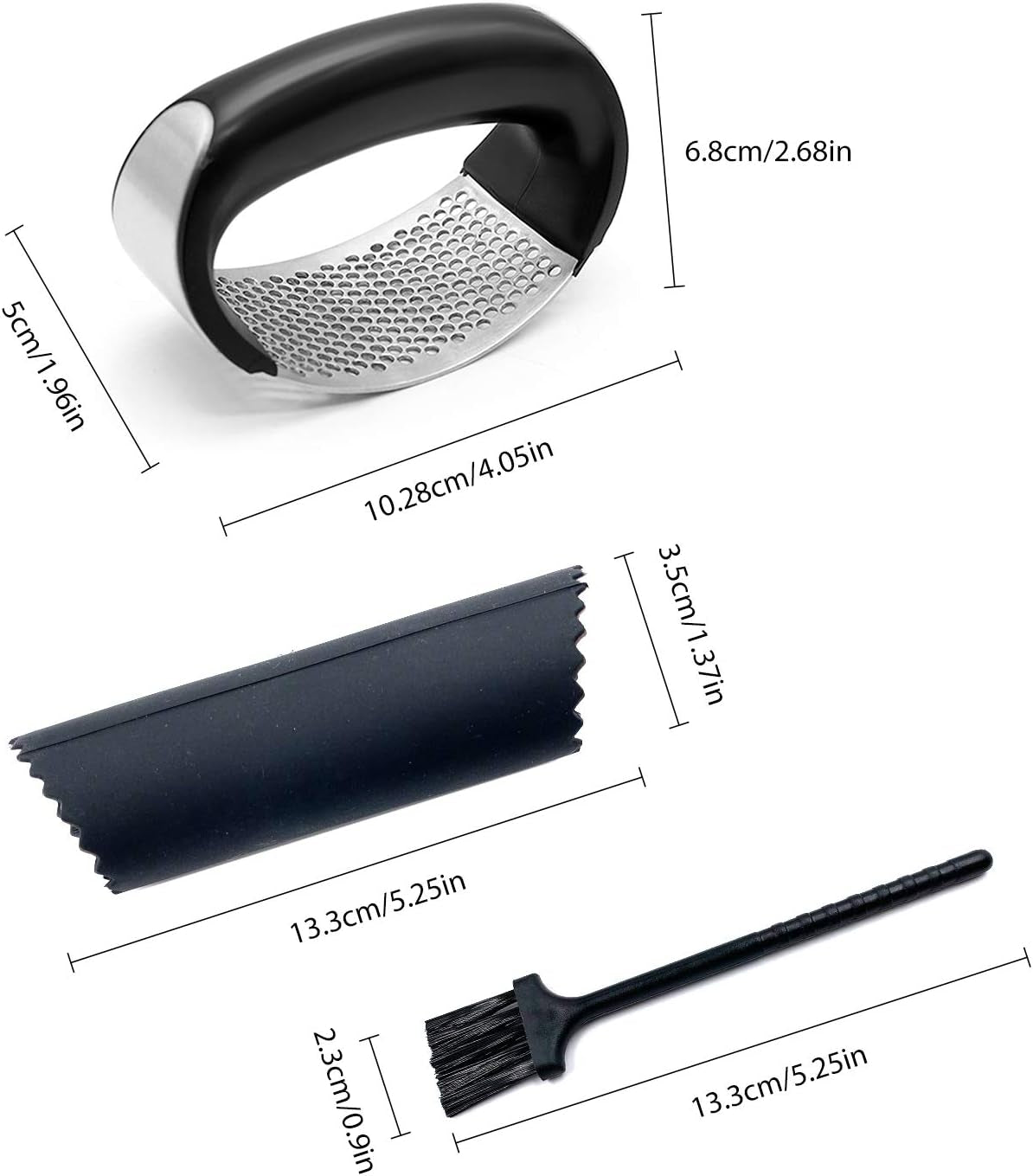 Garlic Press Rocker, Stainless Steel Garlic Mincer Crusher Professional Kitchen Gadgets Garlic Chopper with Ergonomic Handle Silicone Tube Peeler and Cleaning Brush Tool