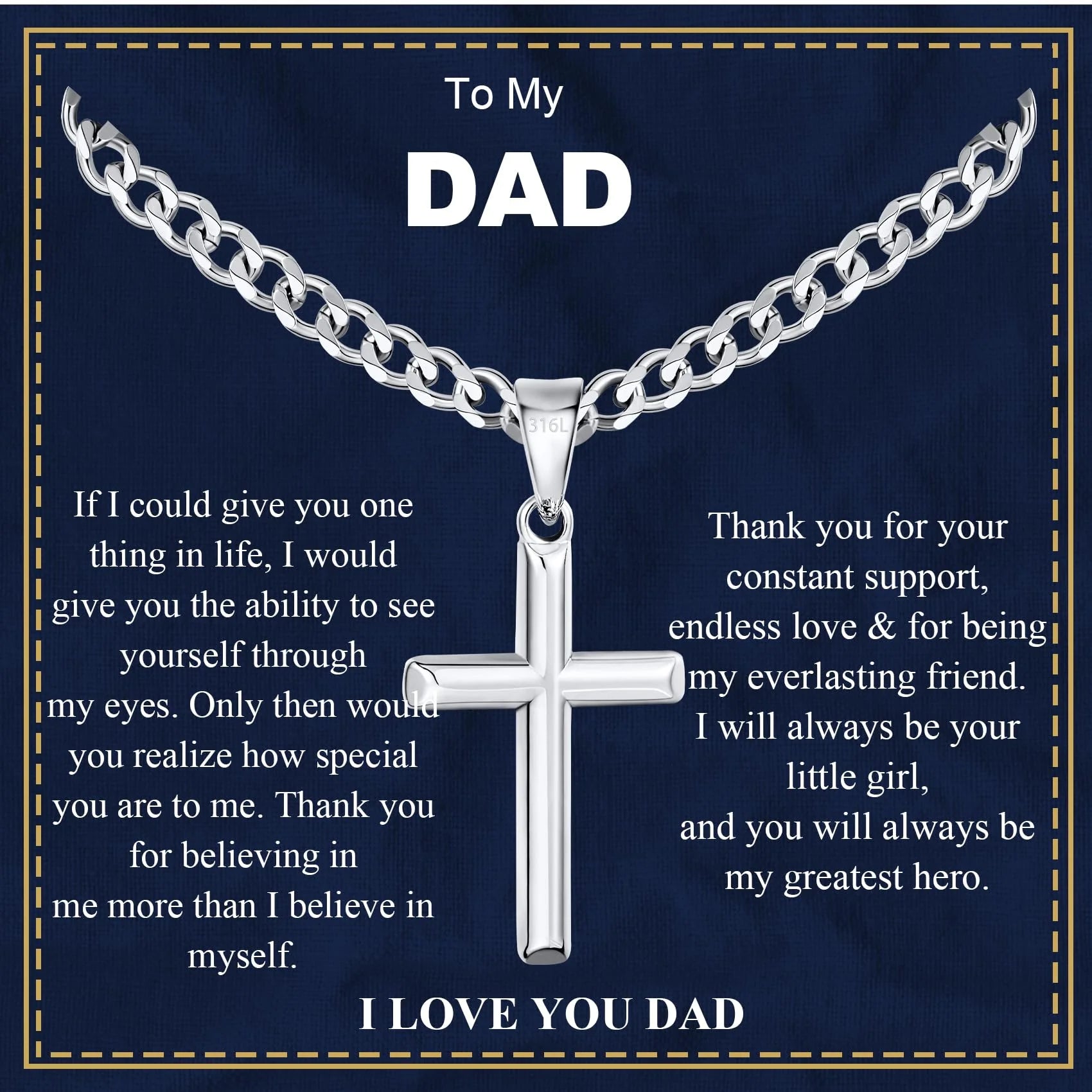 Silver Cross Necklace for Men Pendant Chain to My Dad Gifts from Daughter Son Religious Christian Catholic Birthday Jewelry Gifts Ideas Dad Godfather Stepfather Newdad