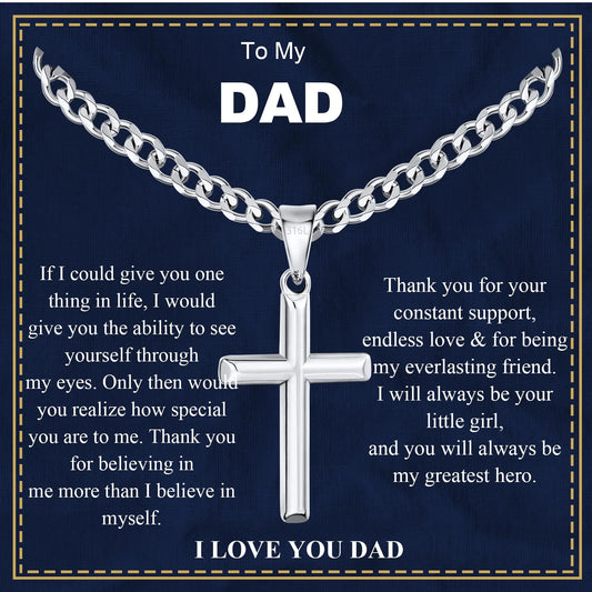 Silver Cross Necklace for Men Pendant Chain to My Dad Gifts from Daughter Son Religious Christian Catholic Birthday Jewelry Gifts Ideas Dad Godfather Stepfather Newdad