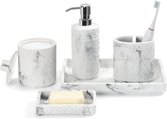 Bathroom Accessory Sets 5 Pcs, 3D Resin Vanity Tray, Toothbrush Holder Cup, Soap Dish, Cotton Swab Holder, Soap Lotion Dispenser, Home Decor Bath Counter Accessory Completes, Marble White