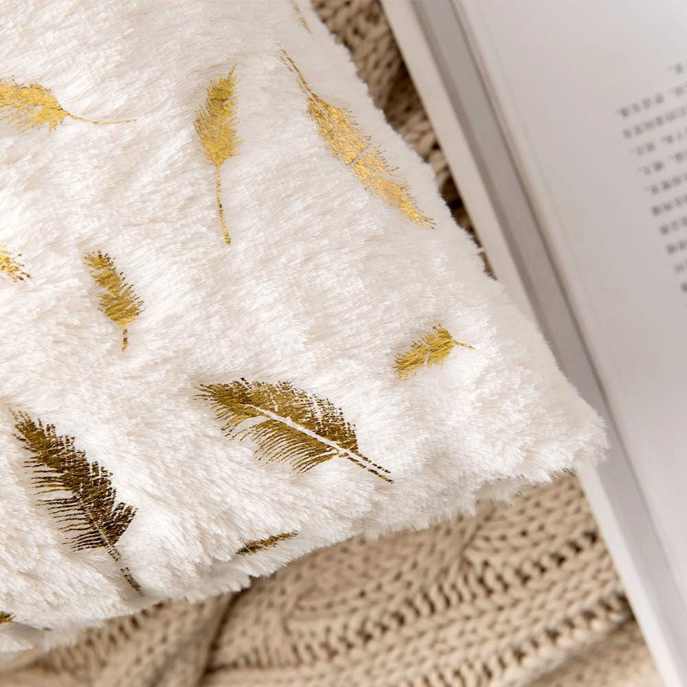 Pack of 2 Decorative Throw Pillow Covers Plush Faux Fur with Gold Feathers Gilding Leaves Cushion Covers Cases Soft Fuzzy Cute Pillowcase for Couch Sofa Bed, 18 X 18 Inch, Ivory