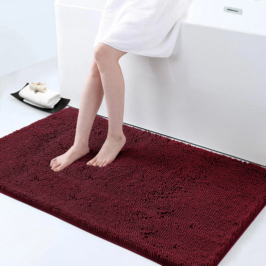 Luxury Chenille Bathroom Rugs, Extra Soft and Absorbent Bath Mat, Wine Red, 24"X47"