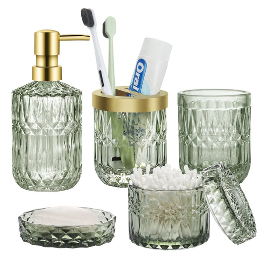 5Pcs Bathroom Accessories Set, Modern Glass Bathroom Accessories with Lotion Soap Dispenser, Soap Dish, Toothbrush Holder, Tumbler, Cotton Swab Jars, Perfect for Bathroom Theme Gift,Green